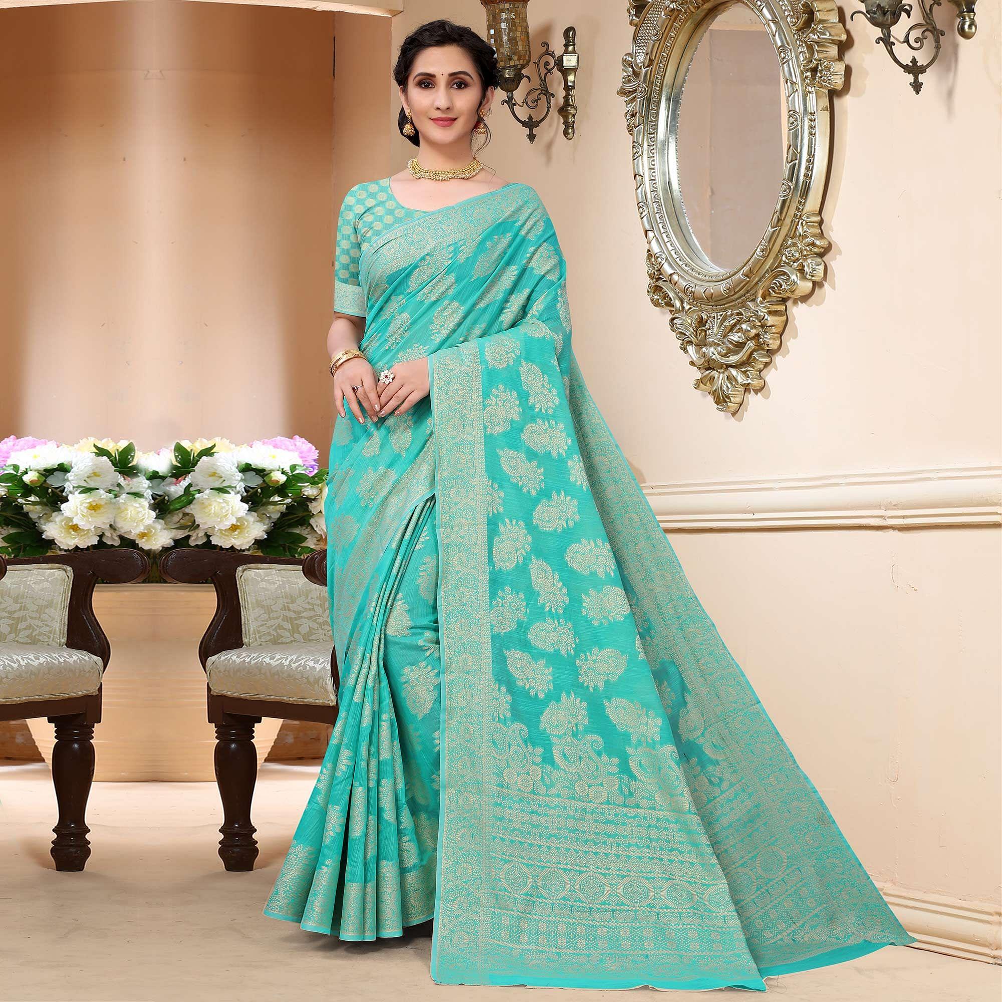 Turquoise Festive Wear Woven Cotton Saree - Peachmode