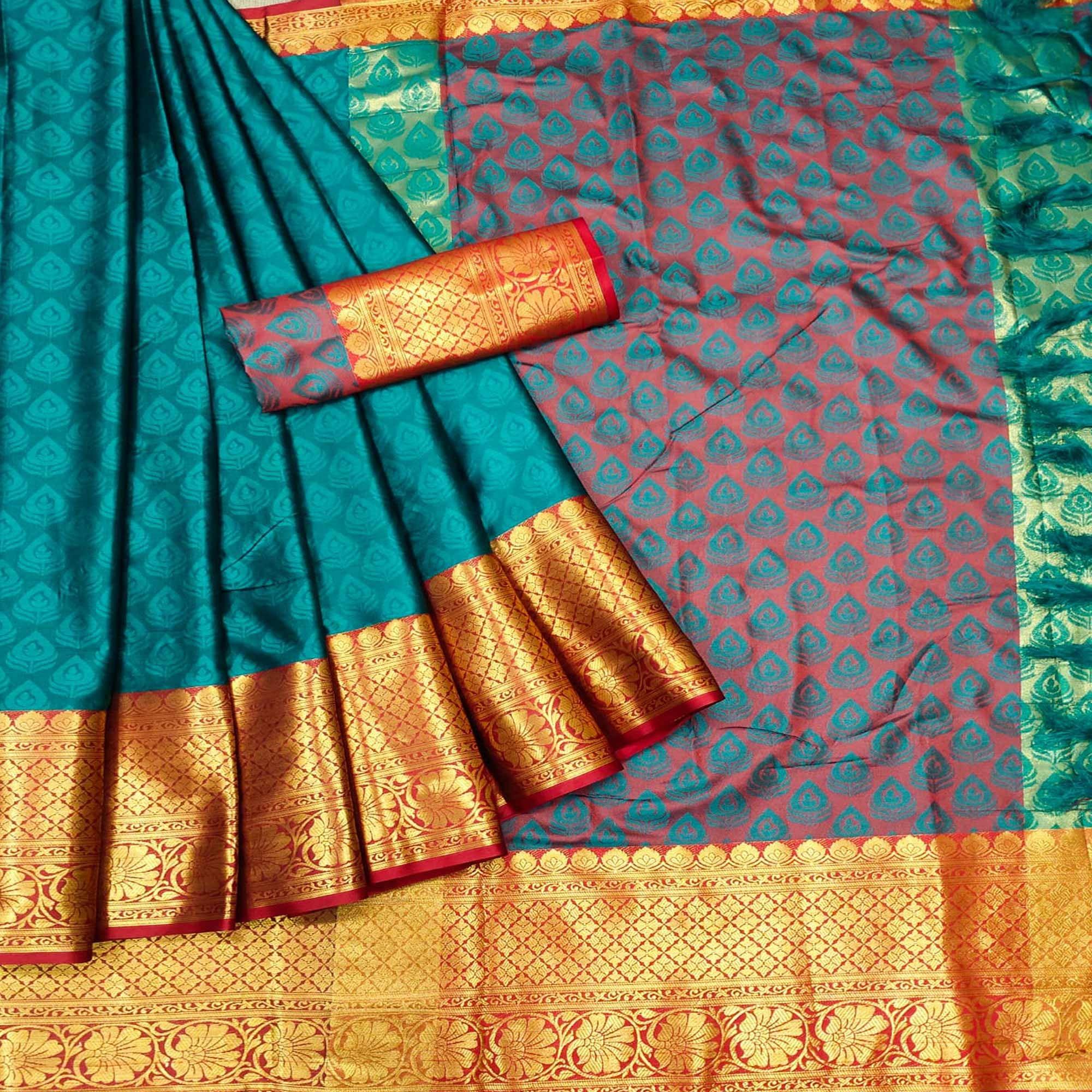 Turquoise Festive Wear Woven Cotton Saree With Tassels - Peachmode