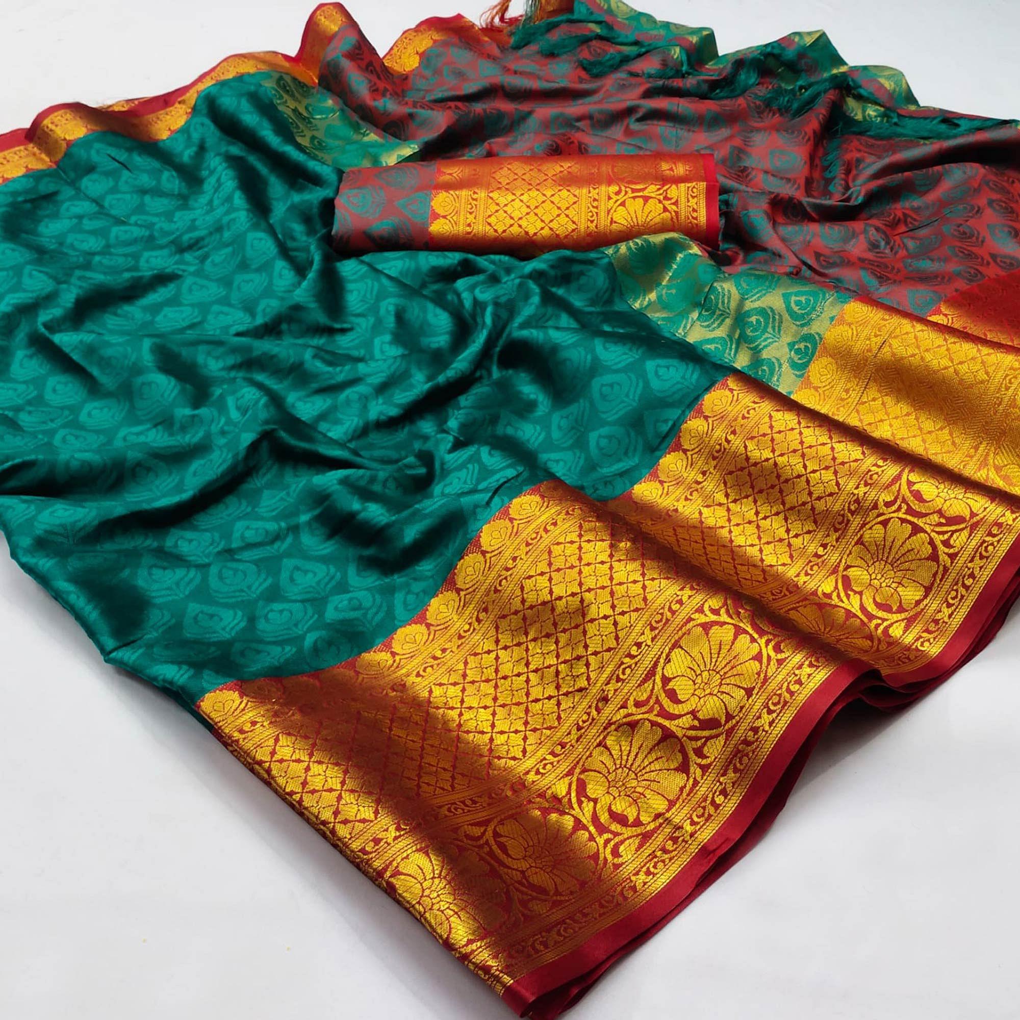 Turquoise Festive Wear Woven Cotton Saree With Tassels - Peachmode