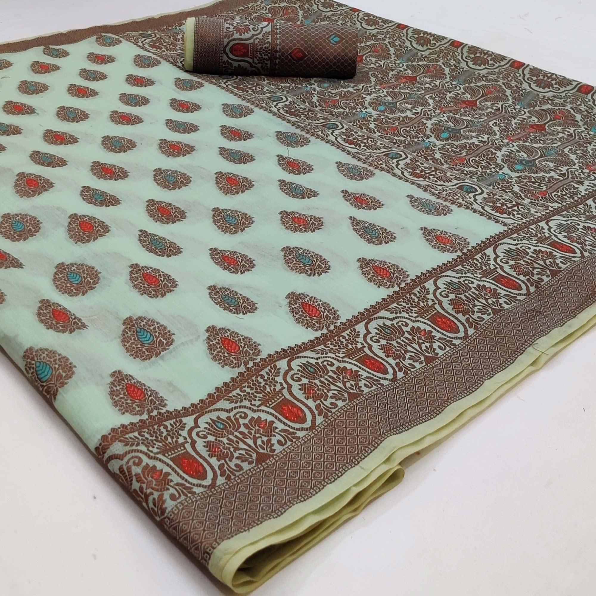 Turquoise Festive Wear Woven Cotton Silk Saree - Peachmode