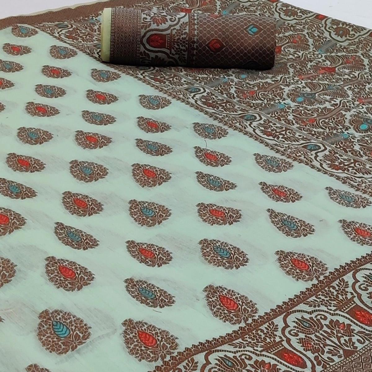 Turquoise Festive Wear Woven Cotton Silk Saree - Peachmode
