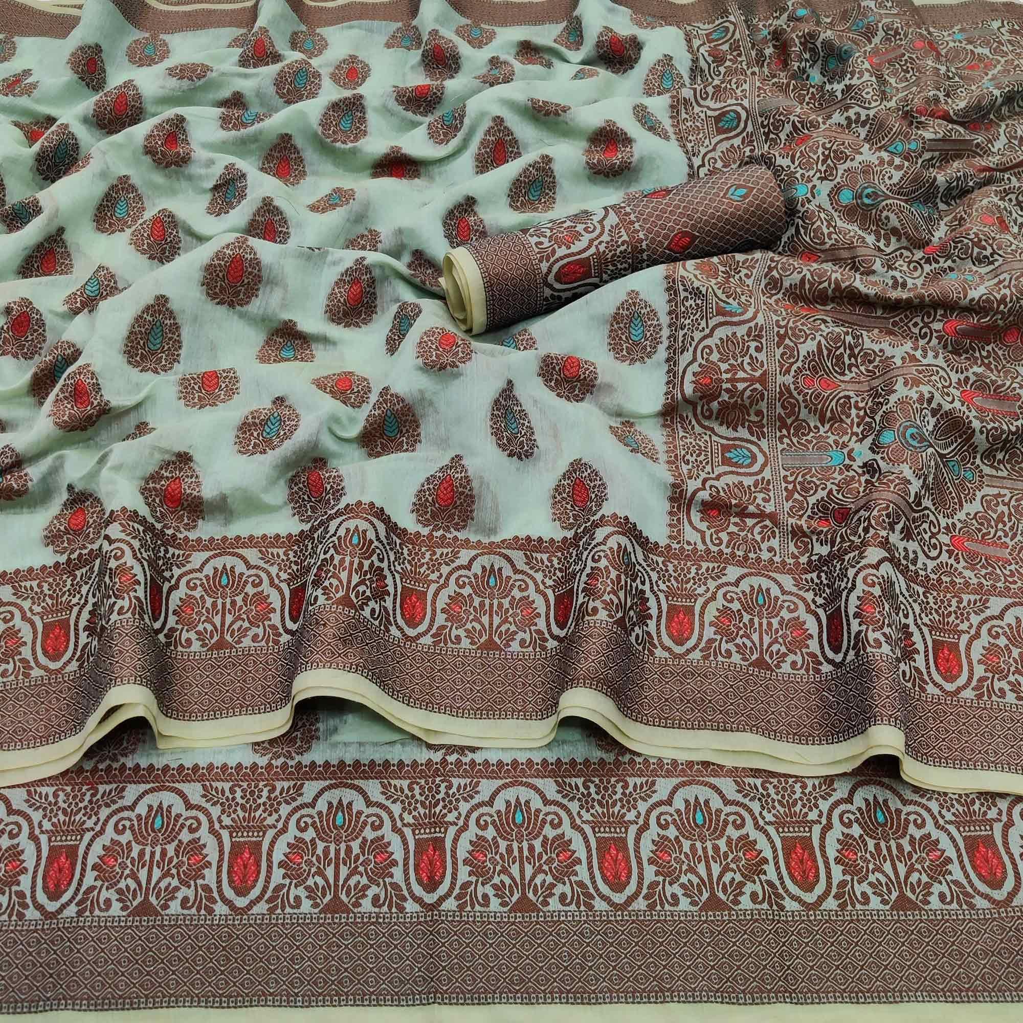 Turquoise Festive Wear Woven Cotton Silk Saree - Peachmode