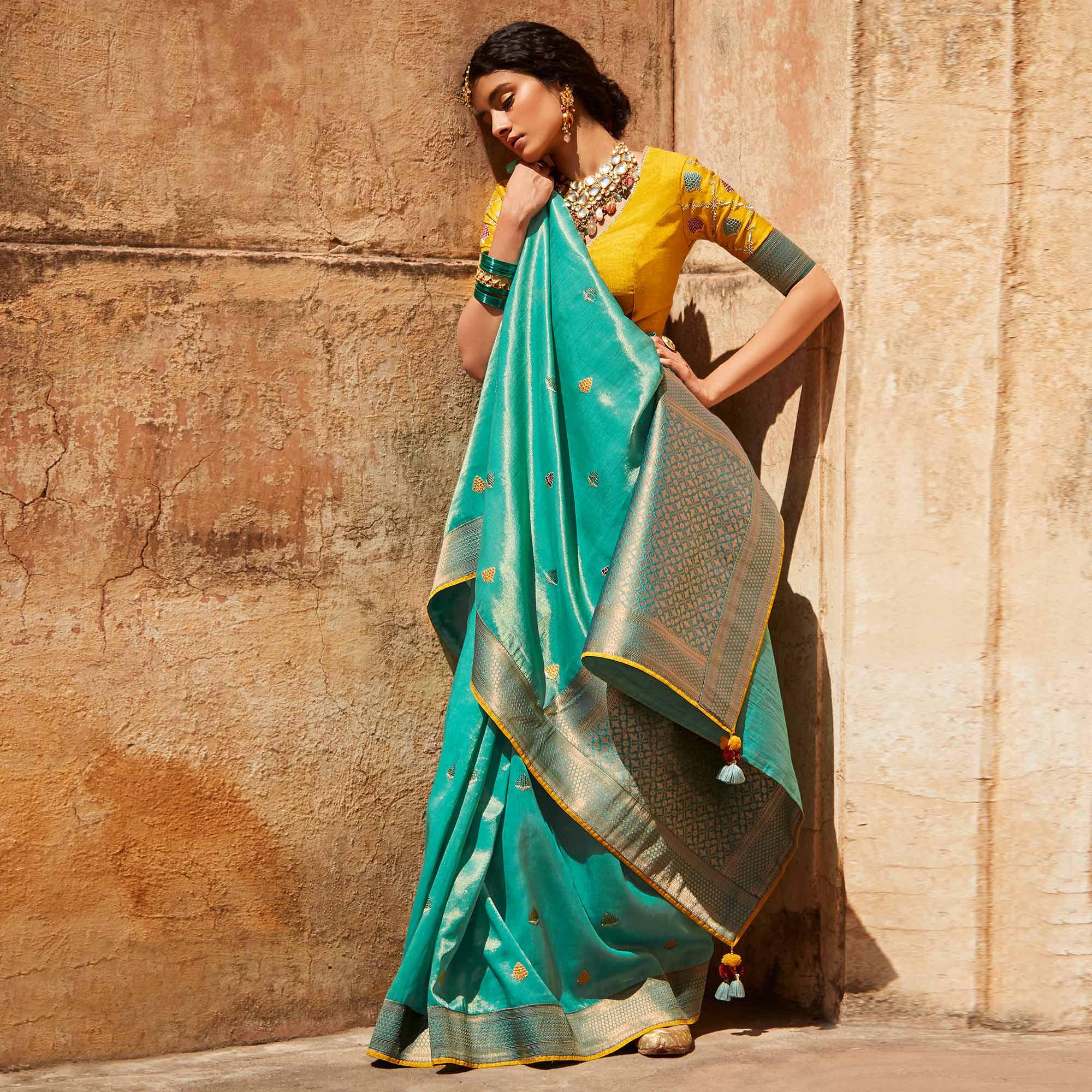 Turquoise Festive Wear Woven-Embroidered Silk Saree - Peachmode