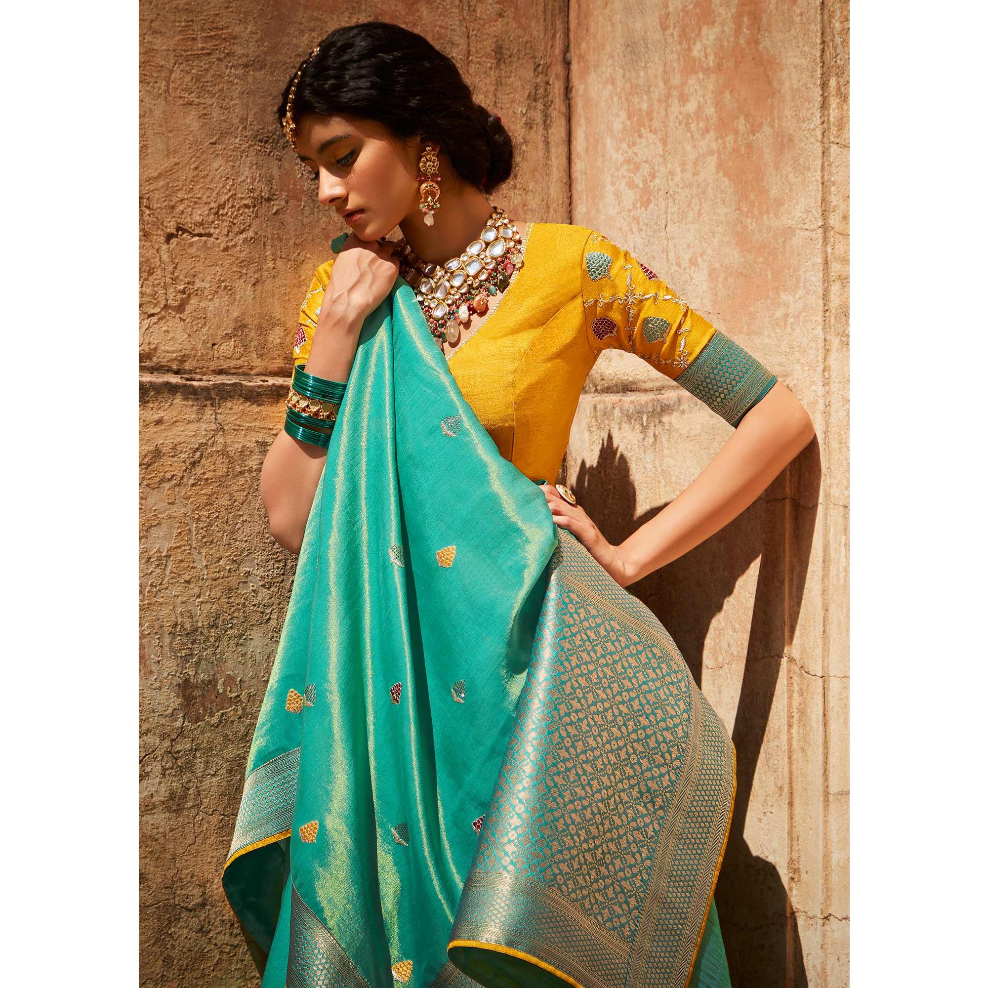 Turquoise Festive Wear Woven-Embroidered Silk Saree - Peachmode