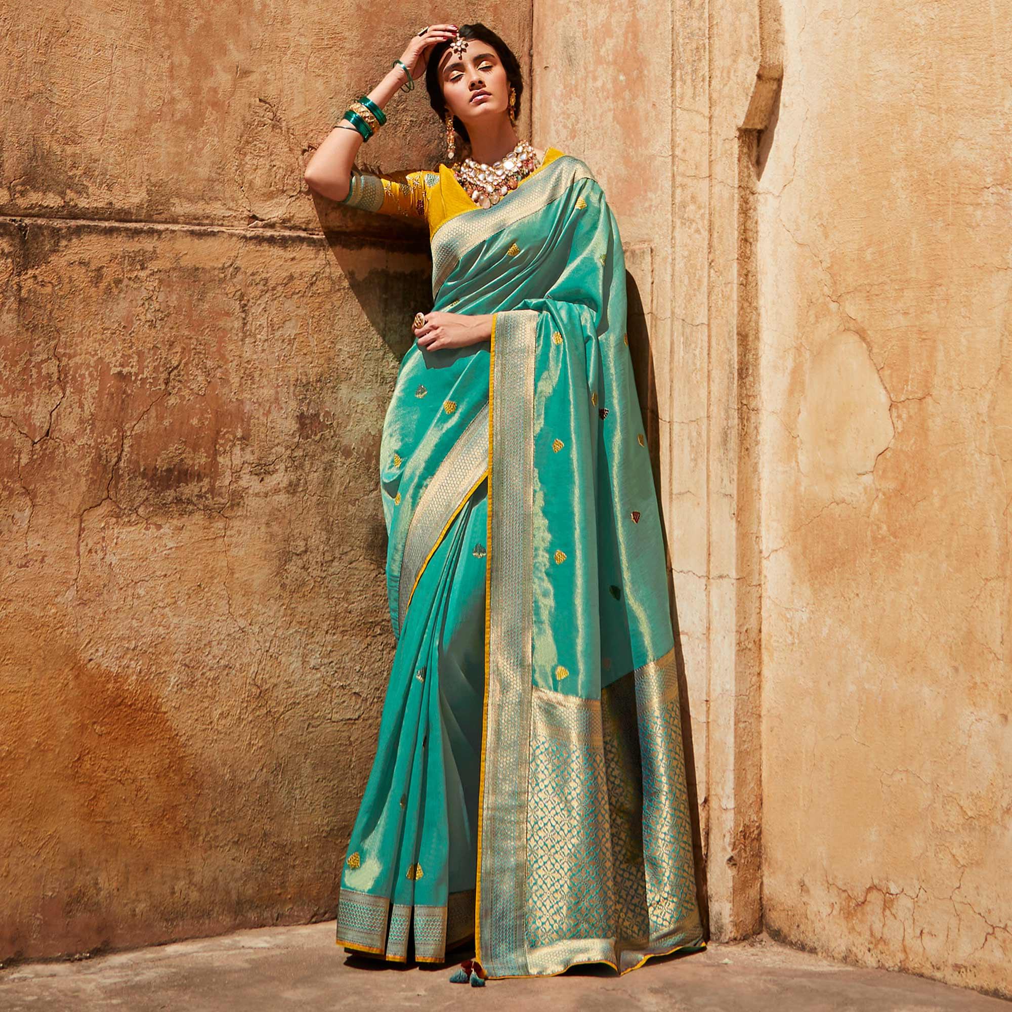 Turquoise Festive Wear Woven-Embroidered Silk Saree - Peachmode