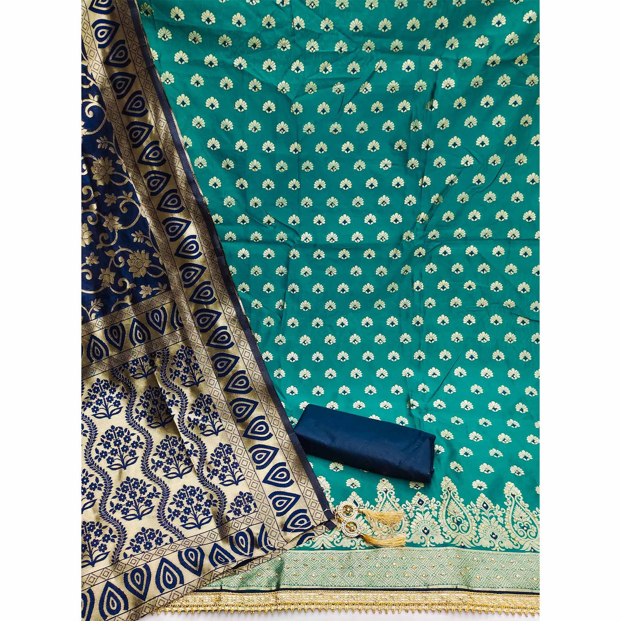 Turquoise Festive Wear Woven Jacquard Dress Material - Peachmode