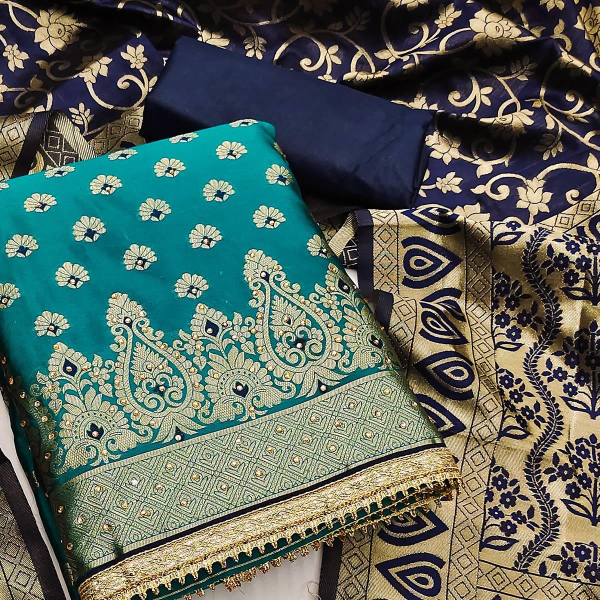 Turquoise Festive Wear Woven Jacquard Dress Material - Peachmode