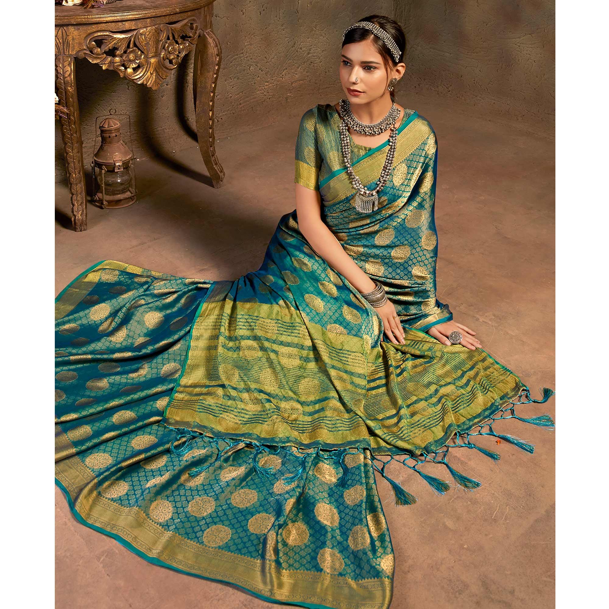 Turquoise Festive Wear Woven Jacquard Saree - Peachmode