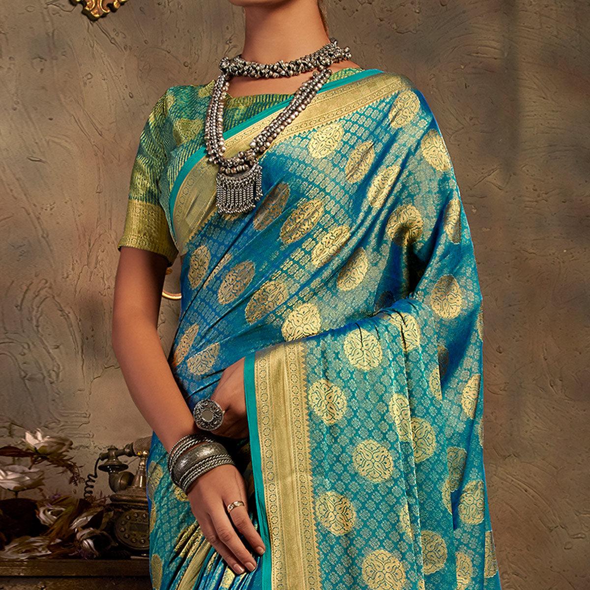 Turquoise Festive Wear Woven Jacquard Saree - Peachmode