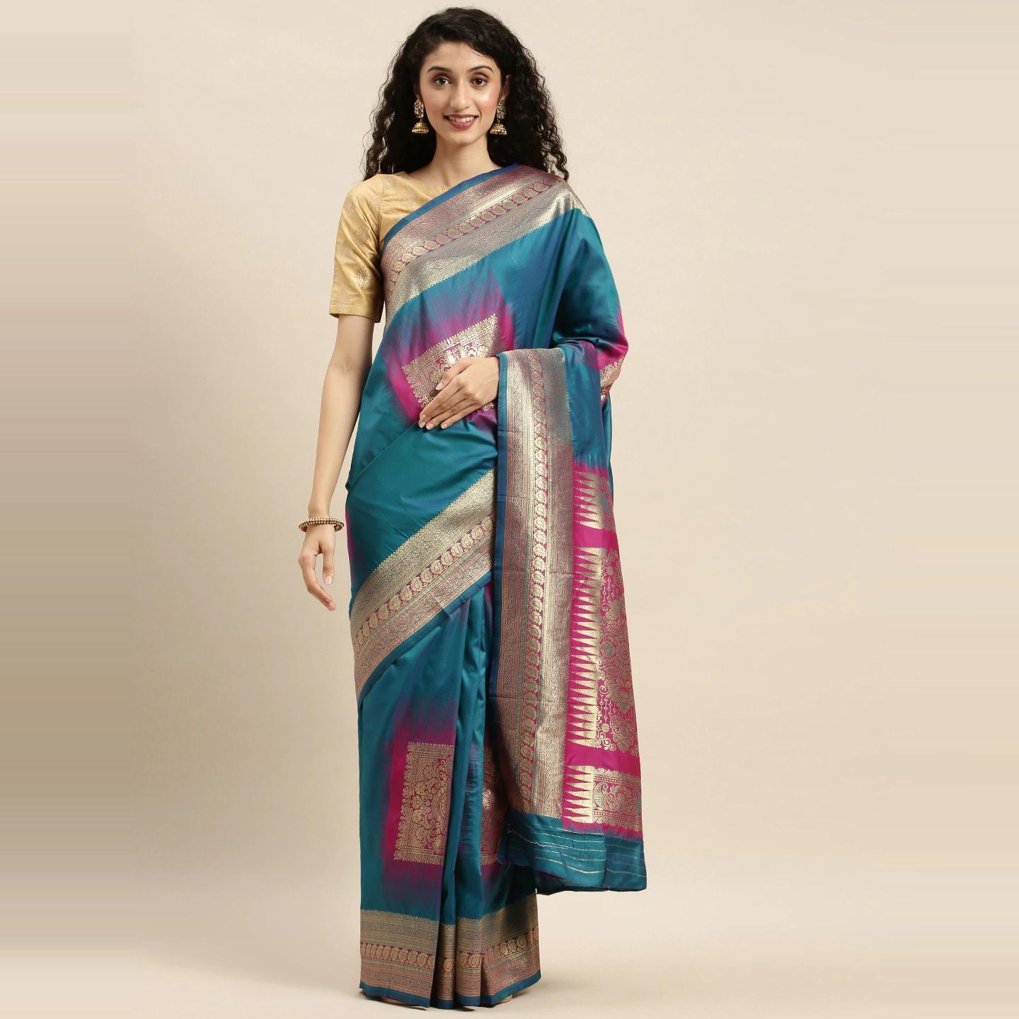 Turquoise Festive Wear Woven Kanjivaram Silk Saree - Peachmode