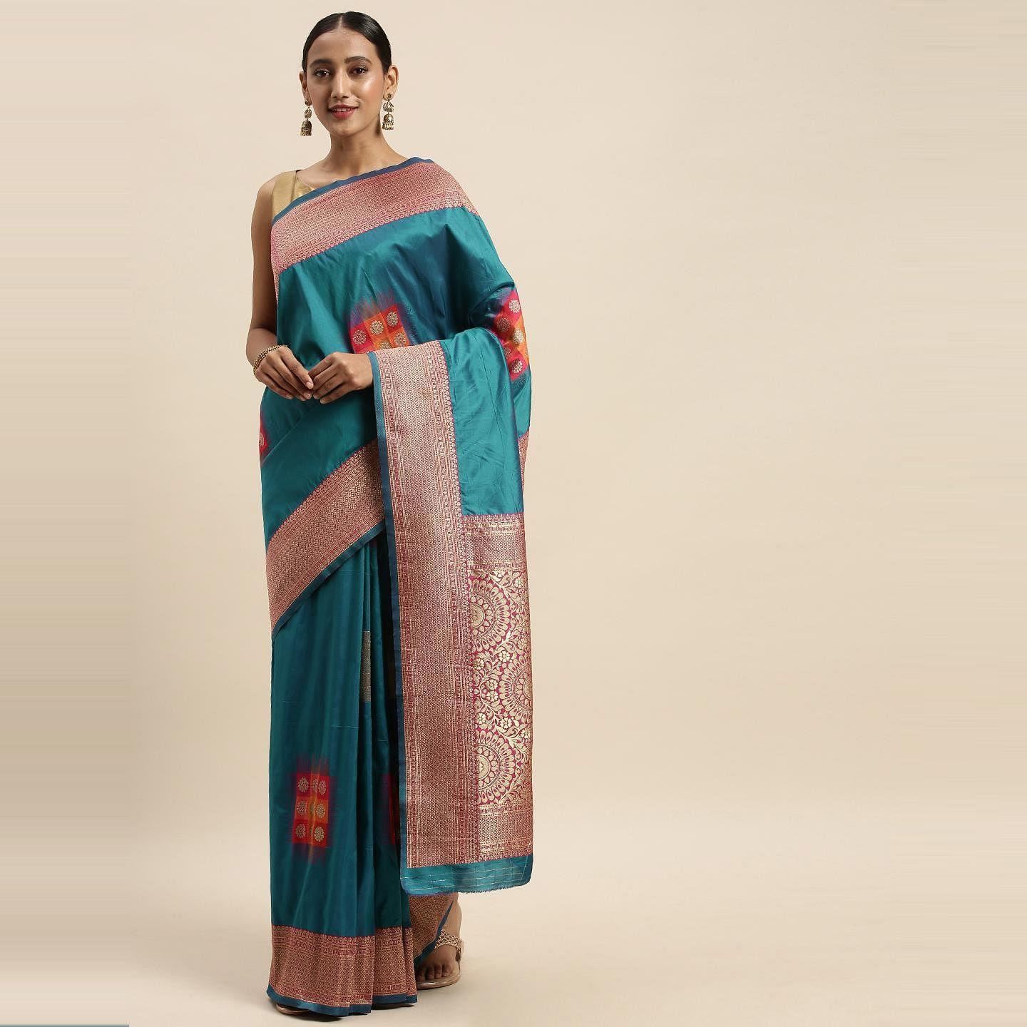 Turquoise Festive Wear Woven Kanjivaram Silk Saree - Peachmode