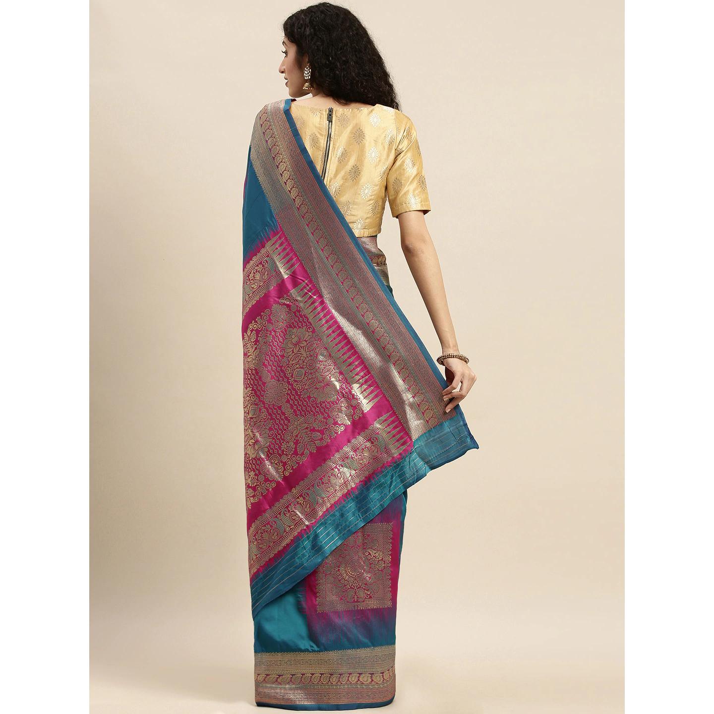 Turquoise Festive Wear Woven Kanjivaram Silk Saree - Peachmode