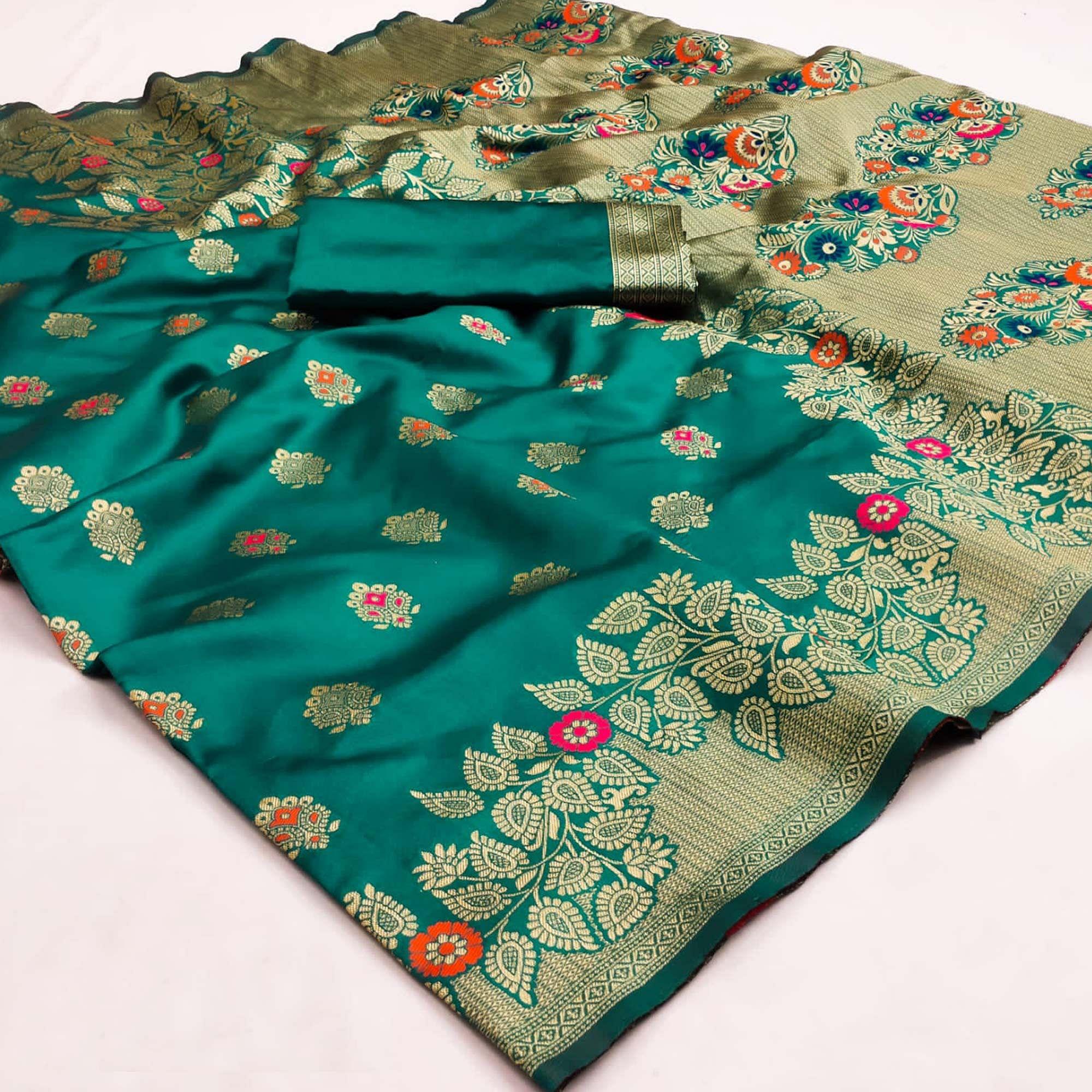 Turquoise Festive Wear Woven Litchi Silk Saree - Peachmode
