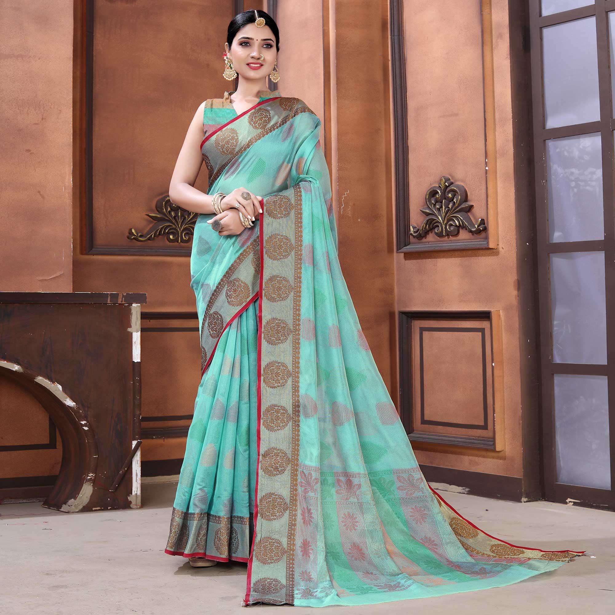 Turquoise Festive Wear Woven Organza Saree - Peachmode