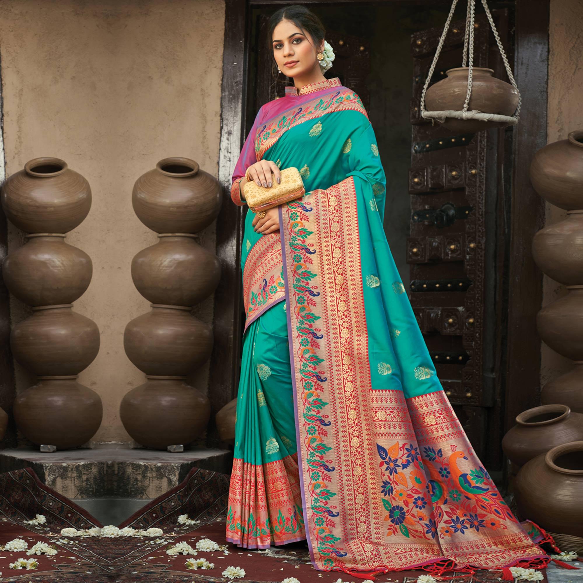 Turquoise Festive Wear Woven Paithani Silk Saree - Peachmode