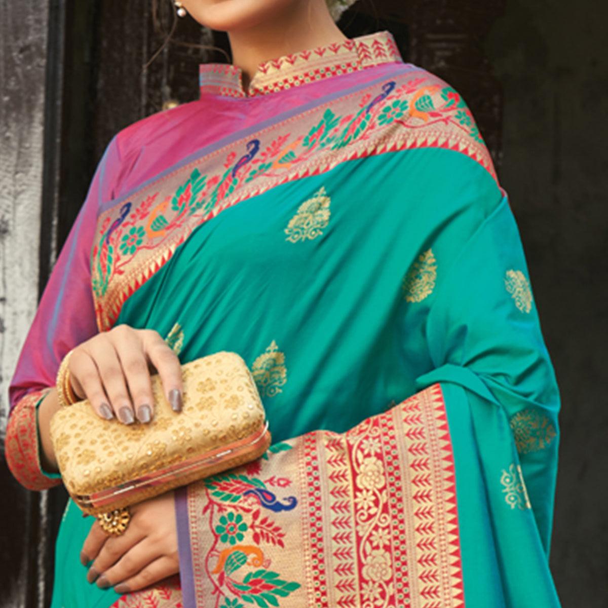 Turquoise Festive Wear Woven Paithani Silk Saree - Peachmode