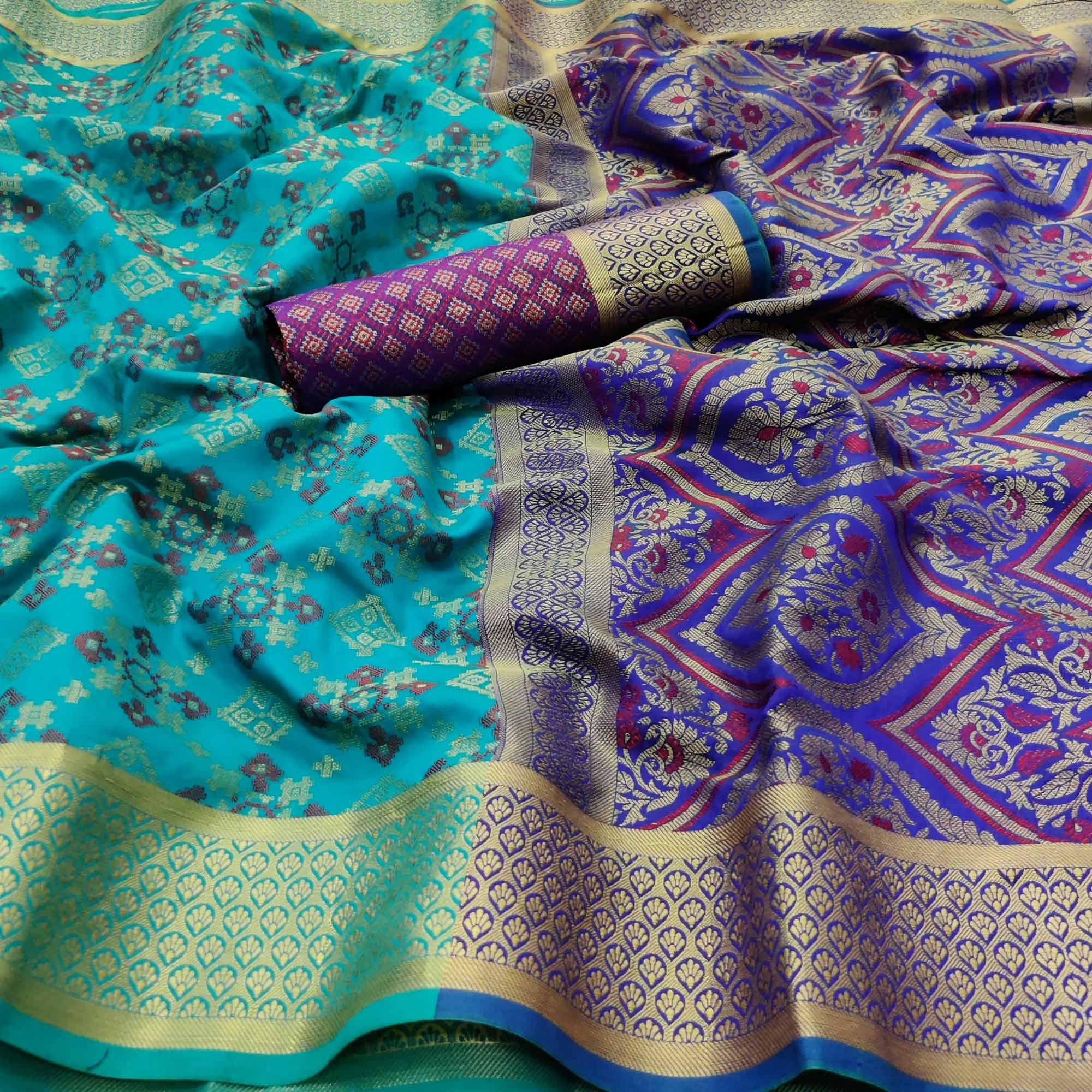 Turquoise Festive Wear Woven Patola Silk Saree - Peachmode