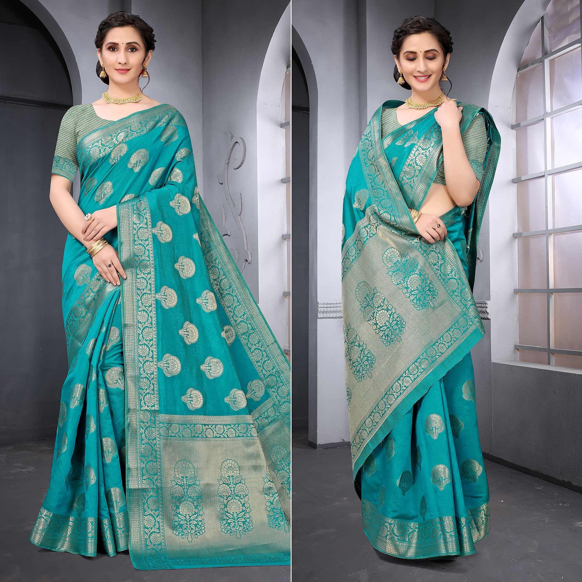 Turquoise Festive Wear Woven Raw Silk Saree - Peachmode
