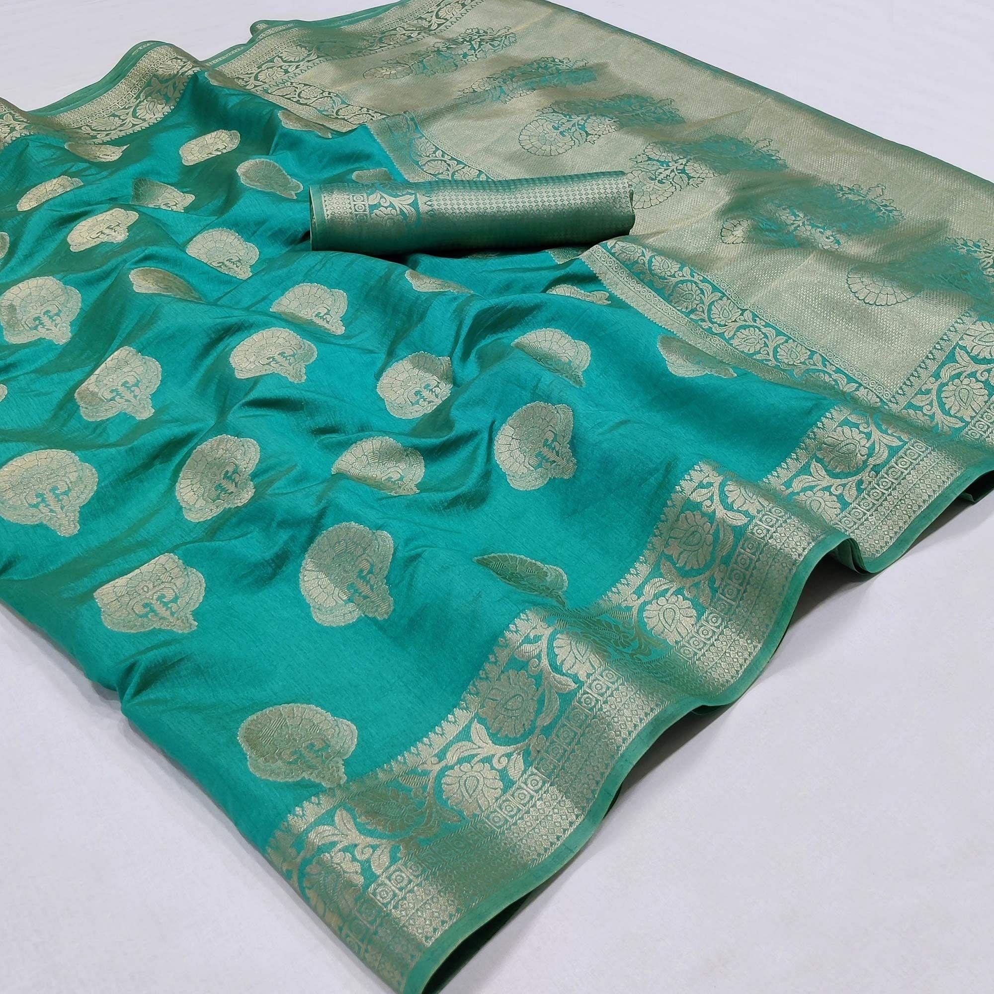 Turquoise Festive Wear Woven Raw Silk Saree - Peachmode