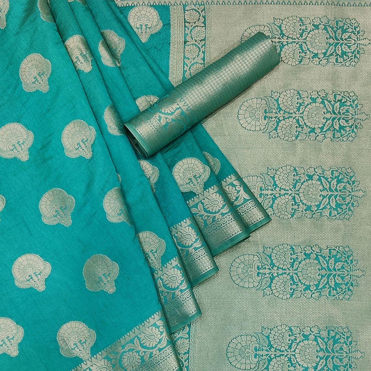 Turquoise Festive Wear Woven Raw Silk Saree - Peachmode