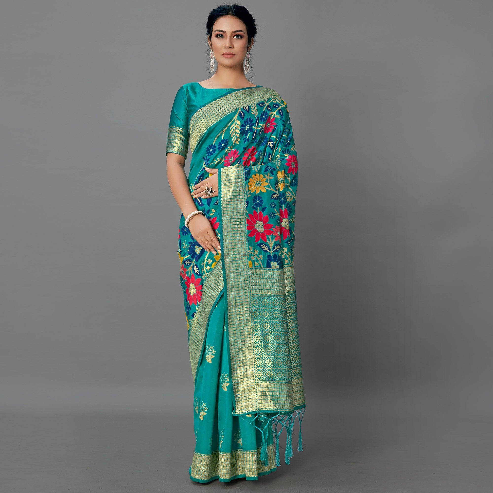 Turquoise Festive Wear Woven Silk Blend
 Saree - Peachmode