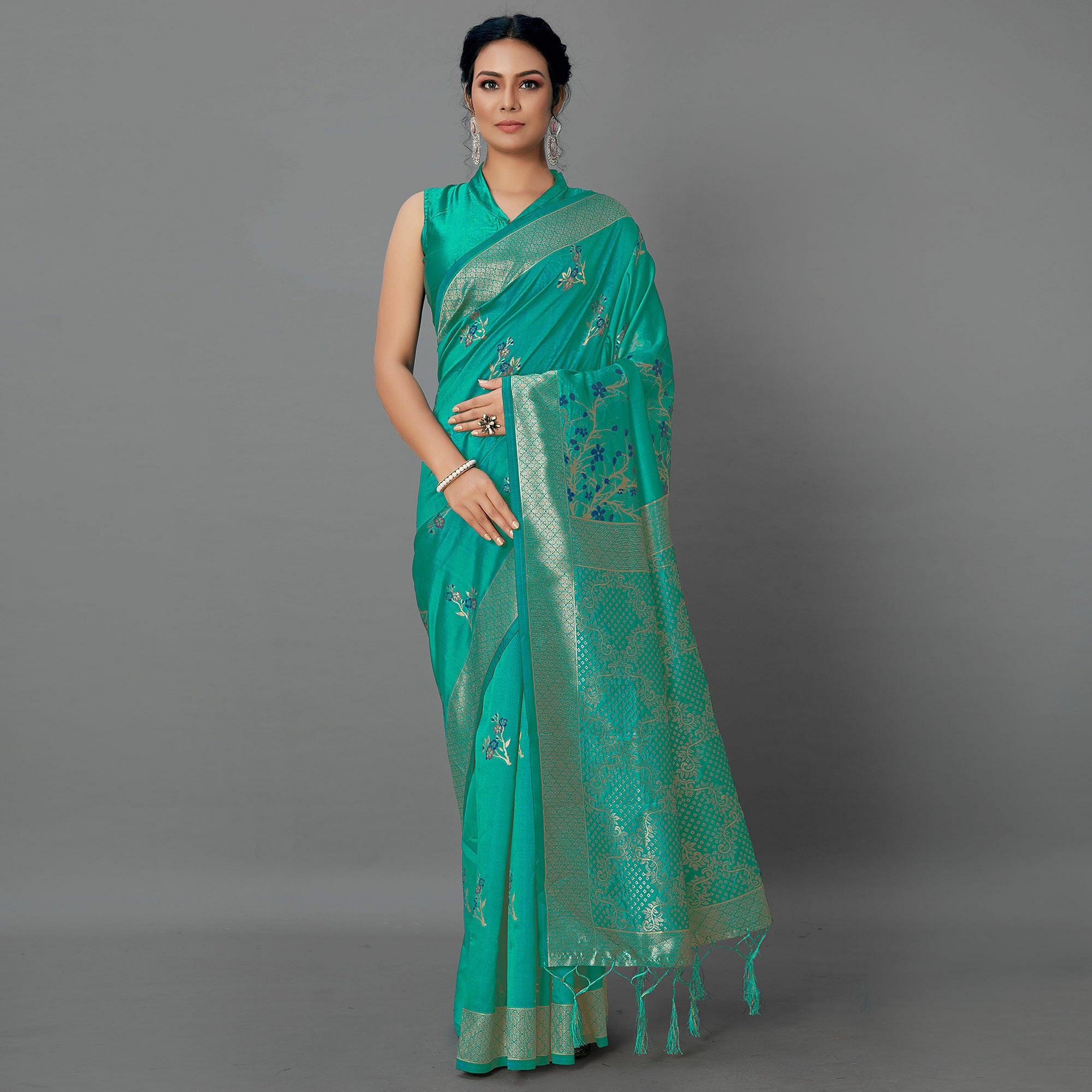 Turquoise Festive Wear Woven Silk Blend  Saree - Peachmode