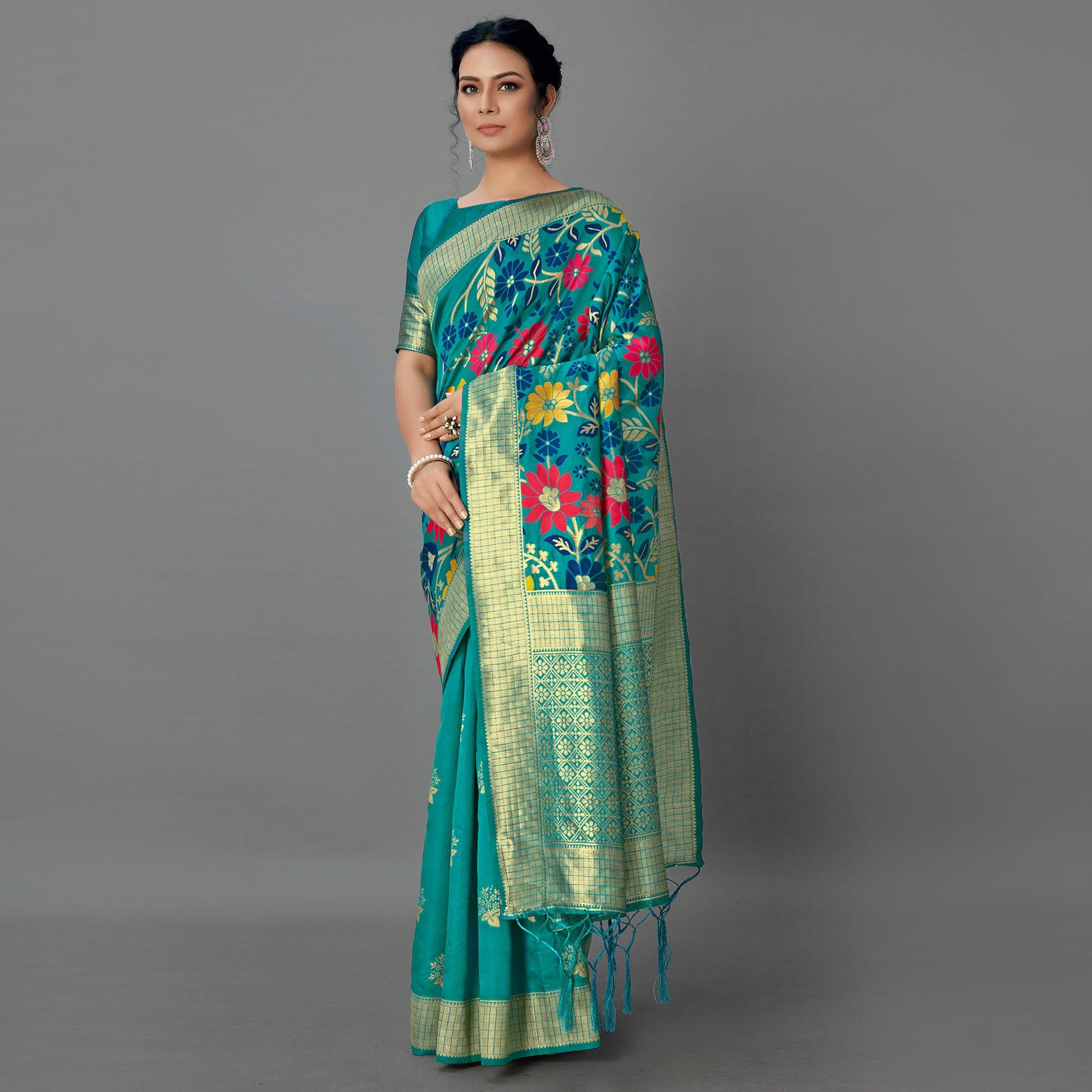 Turquoise Festive Wear Woven Silk Blend
 Saree - Peachmode