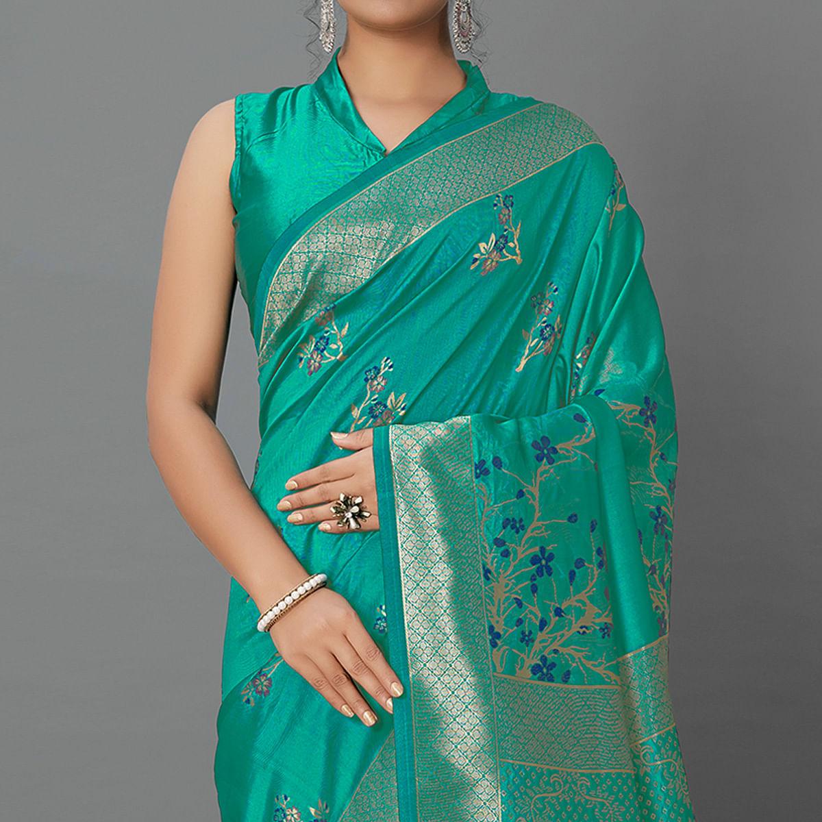 Turquoise Festive Wear Woven Silk Blend  Saree - Peachmode