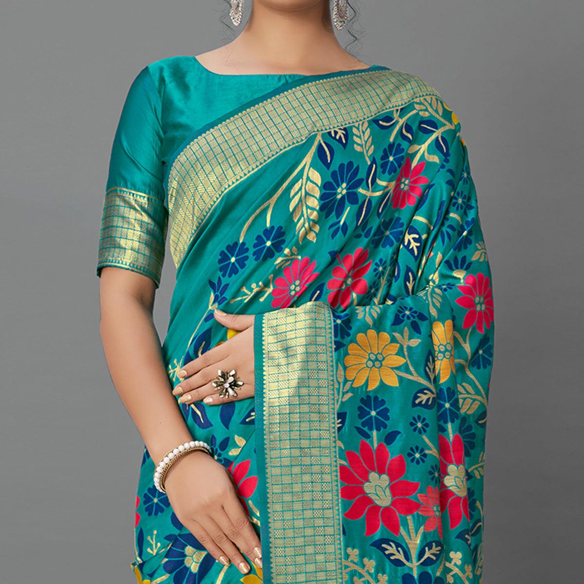 Turquoise Festive Wear Woven Silk Blend Saree - Peachmode