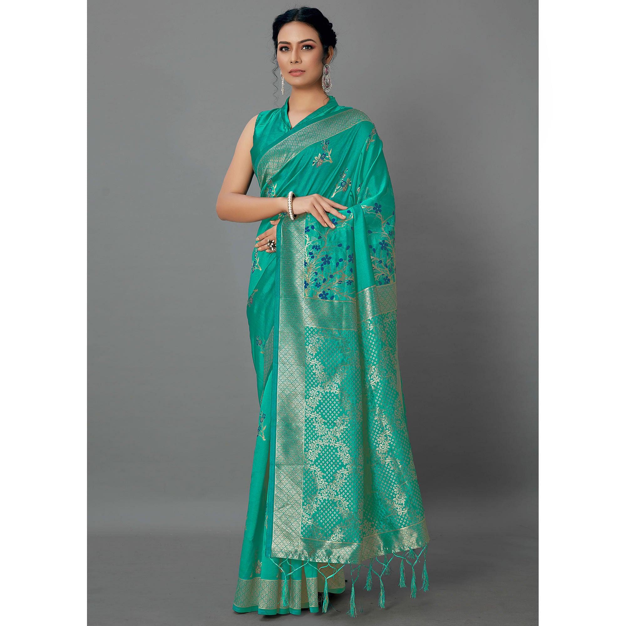 Turquoise Festive Wear Woven Silk Blend  Saree - Peachmode