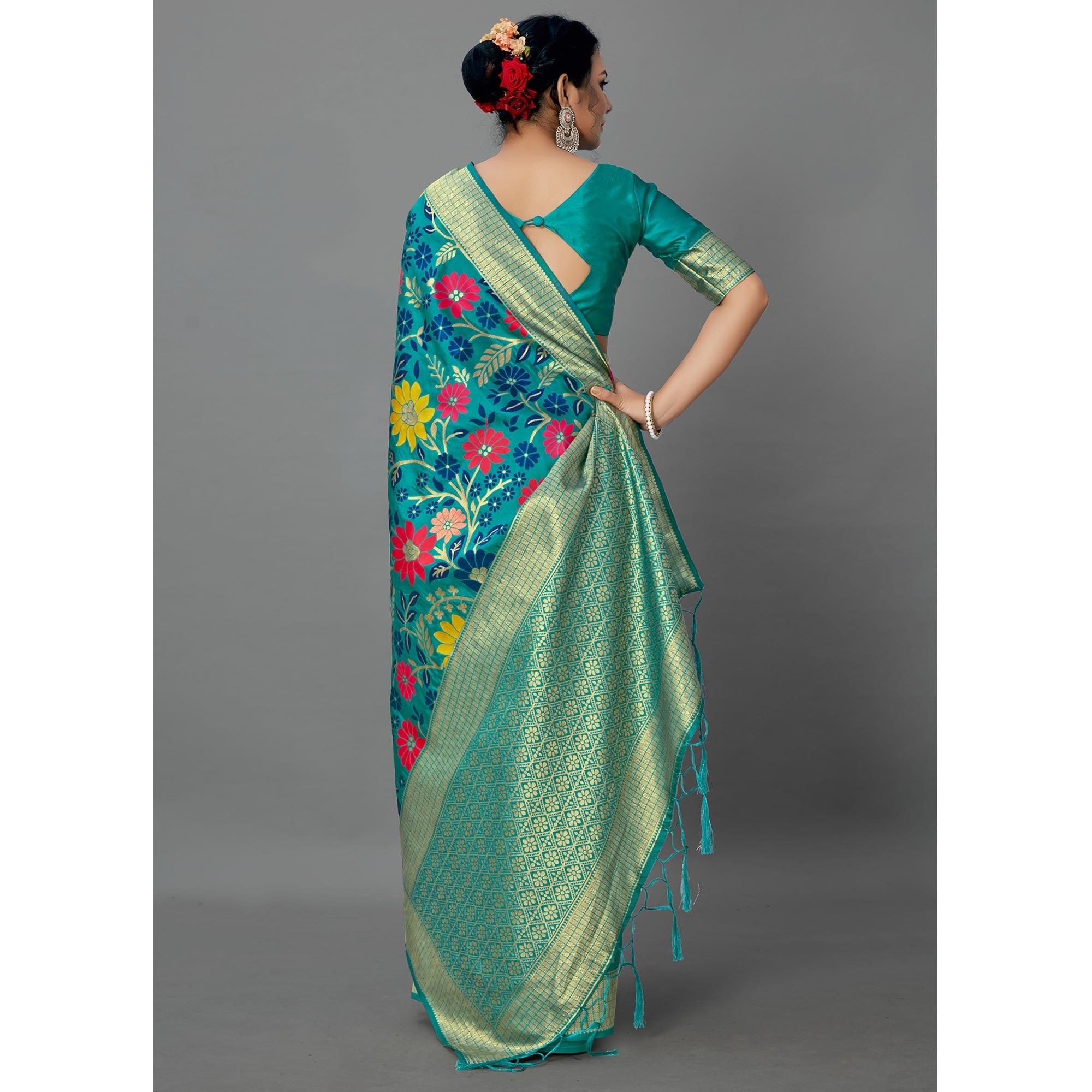Turquoise Festive Wear Woven Silk Blend Saree - Peachmode