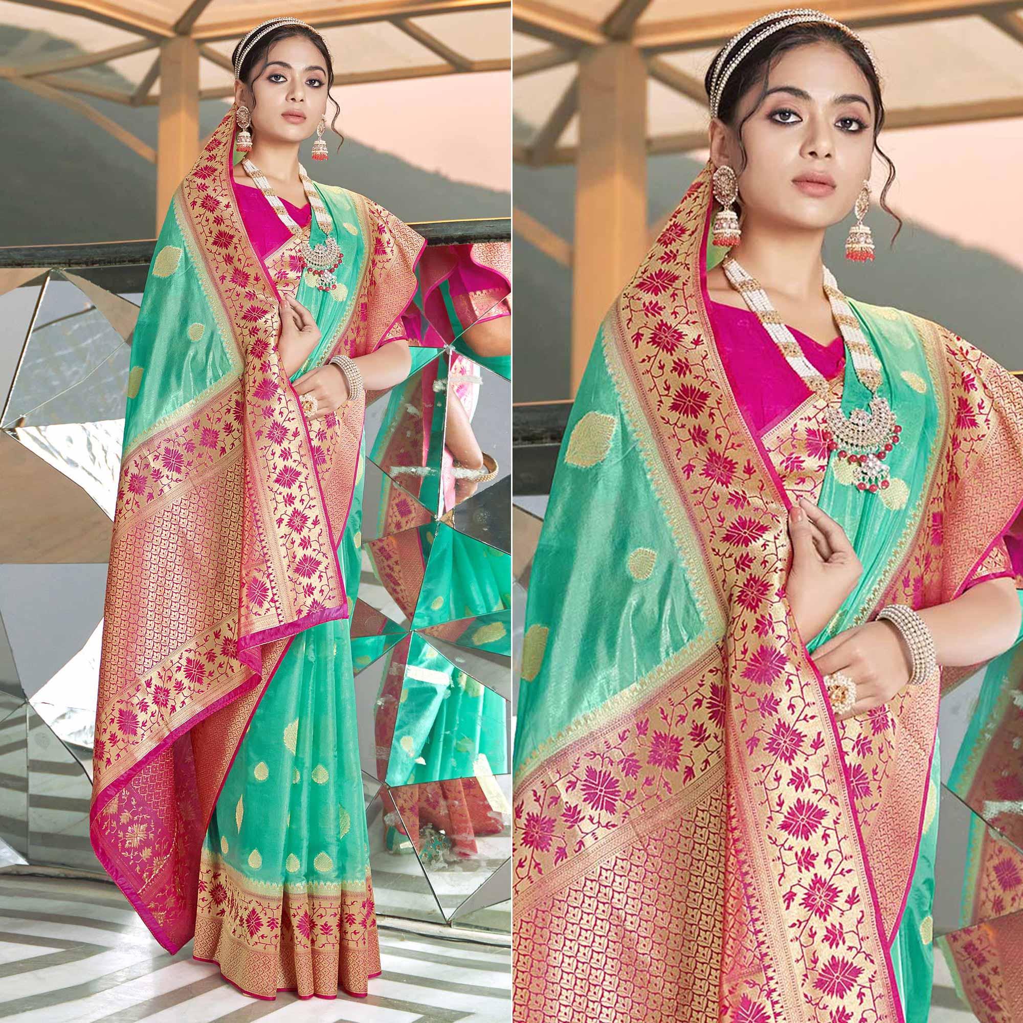 Turquoise Festive Wear Woven Silk Organza Saree - Peachmode