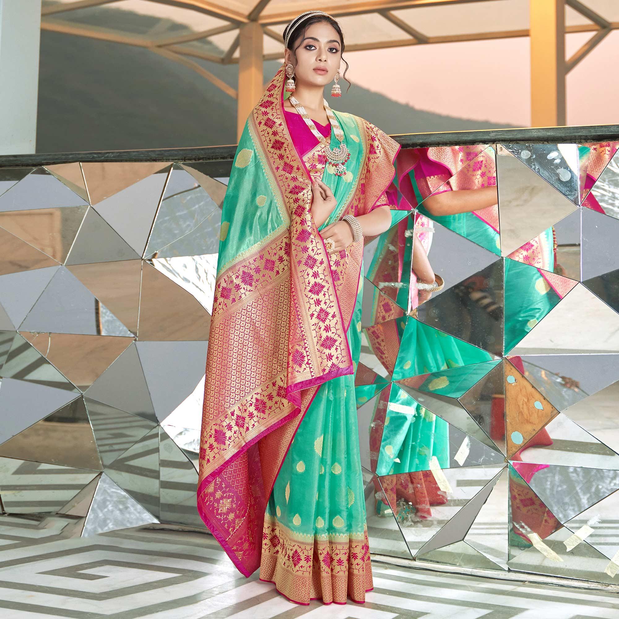 Turquoise Festive Wear Woven Silk Organza Saree - Peachmode