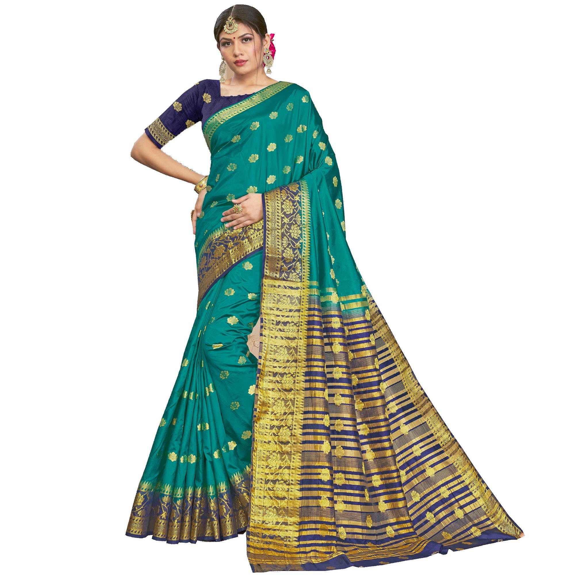 Turquoise Festive Wear Woven Silk Saree - Peachmode