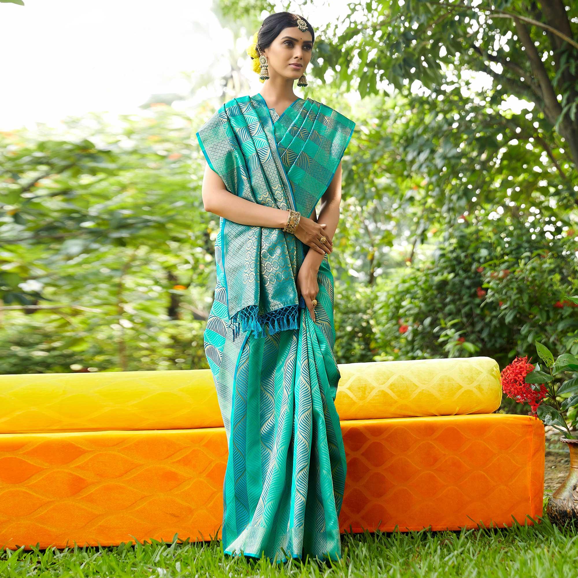 Turquoise Festive Wear Woven Silk Saree - Peachmode