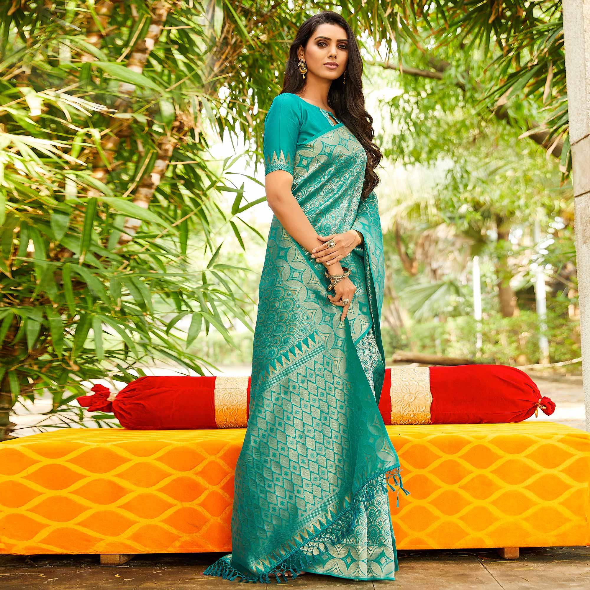 Turquoise Festive Wear Woven Silk Saree - Peachmode