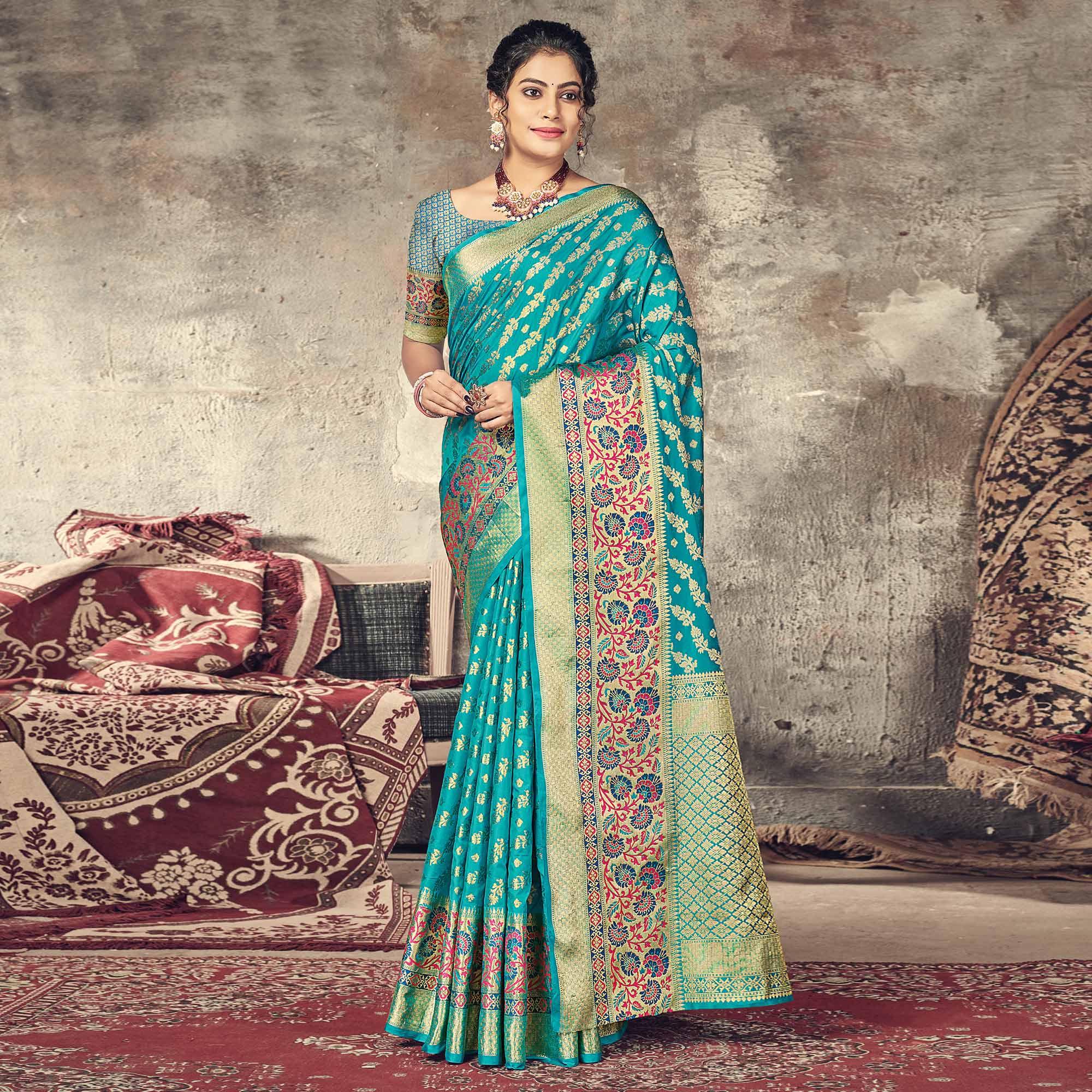 Turquoise Festive Wear Woven Silk Saree - Peachmode