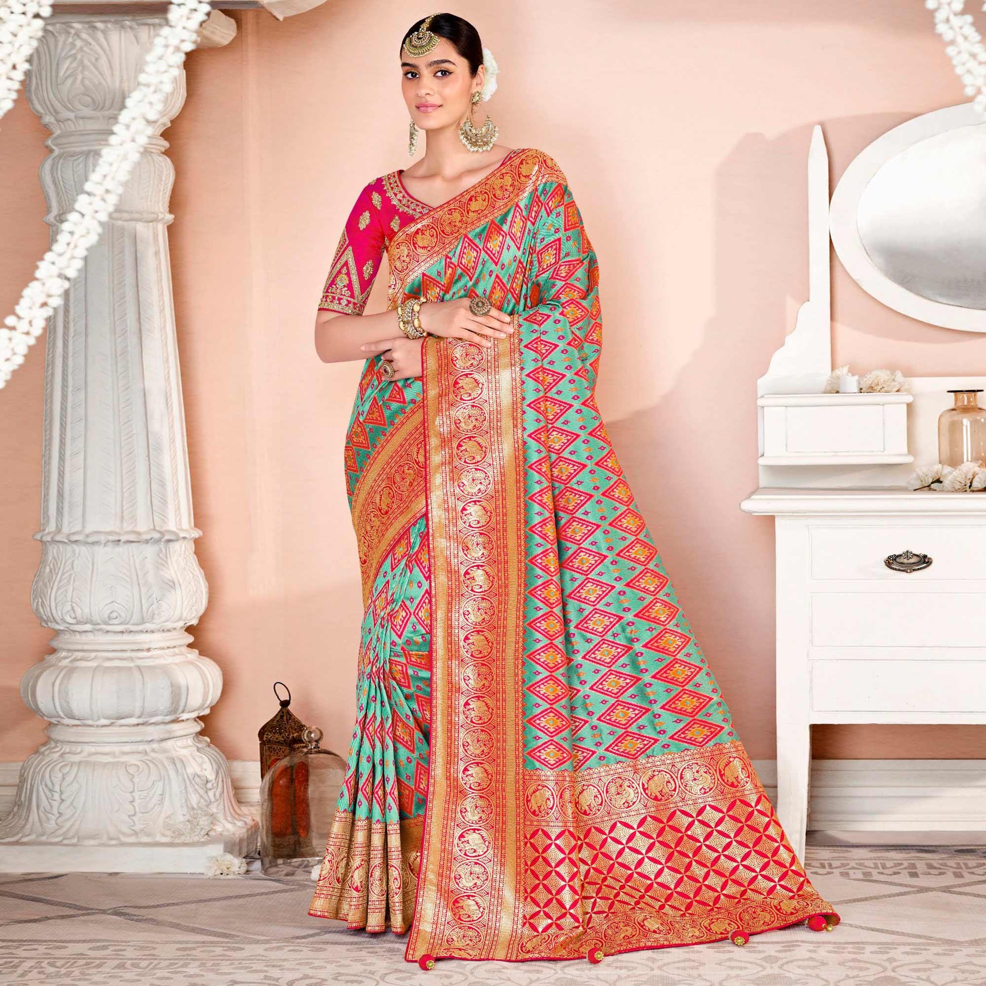 Turquoise Festive Wear Woven Silk Saree - Peachmode