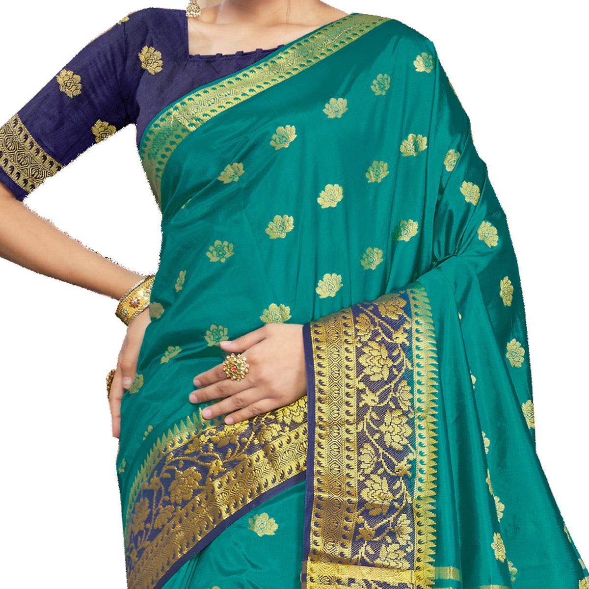 Turquoise Festive Wear Woven Silk Saree - Peachmode