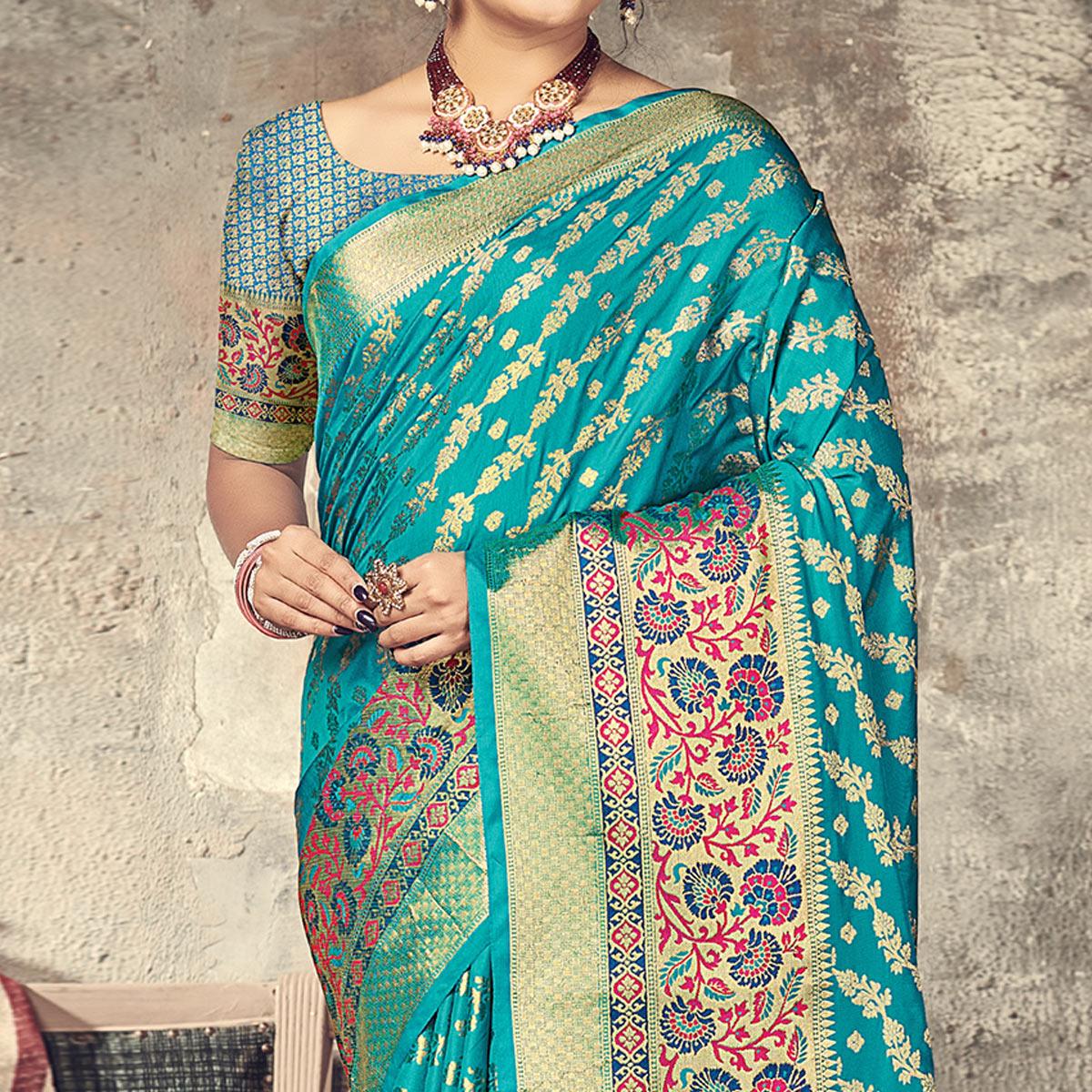 Turquoise Festive Wear Woven Silk Saree - Peachmode