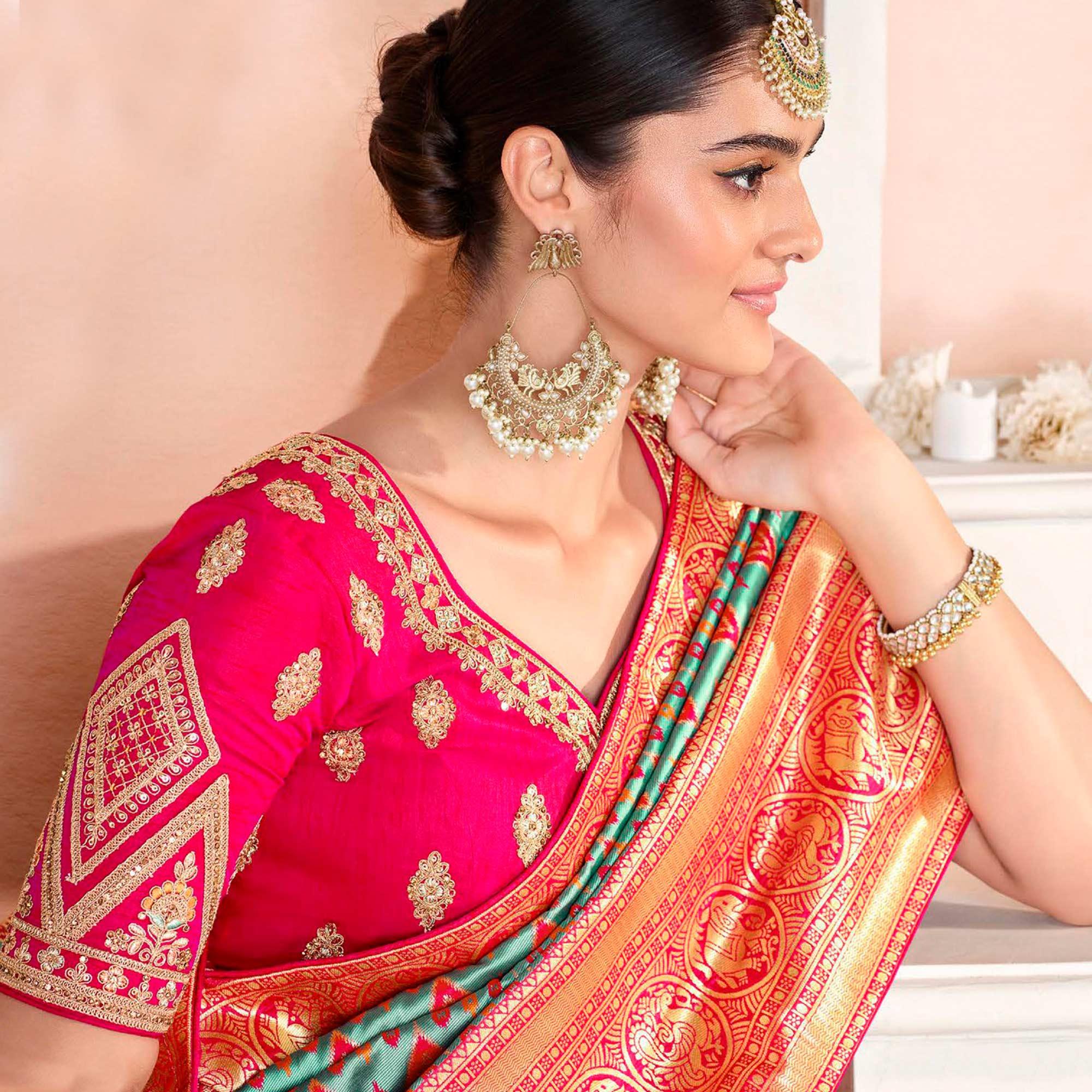 Turquoise Festive Wear Woven Silk Saree - Peachmode
