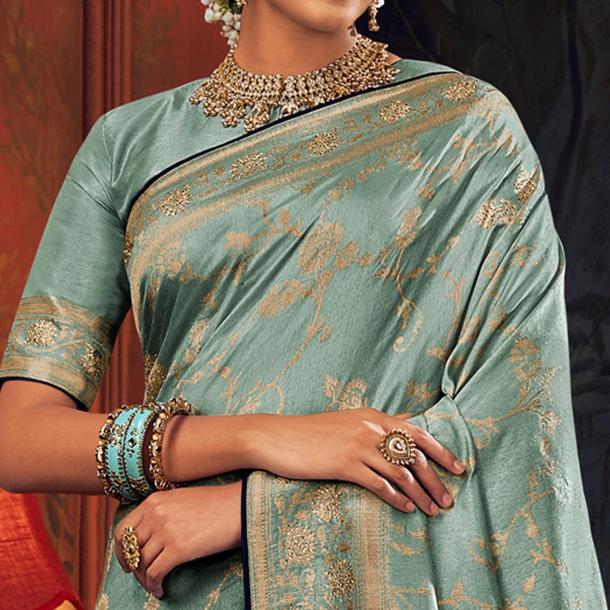Turquoise Festive Wear Woven Silk Saree - Peachmode