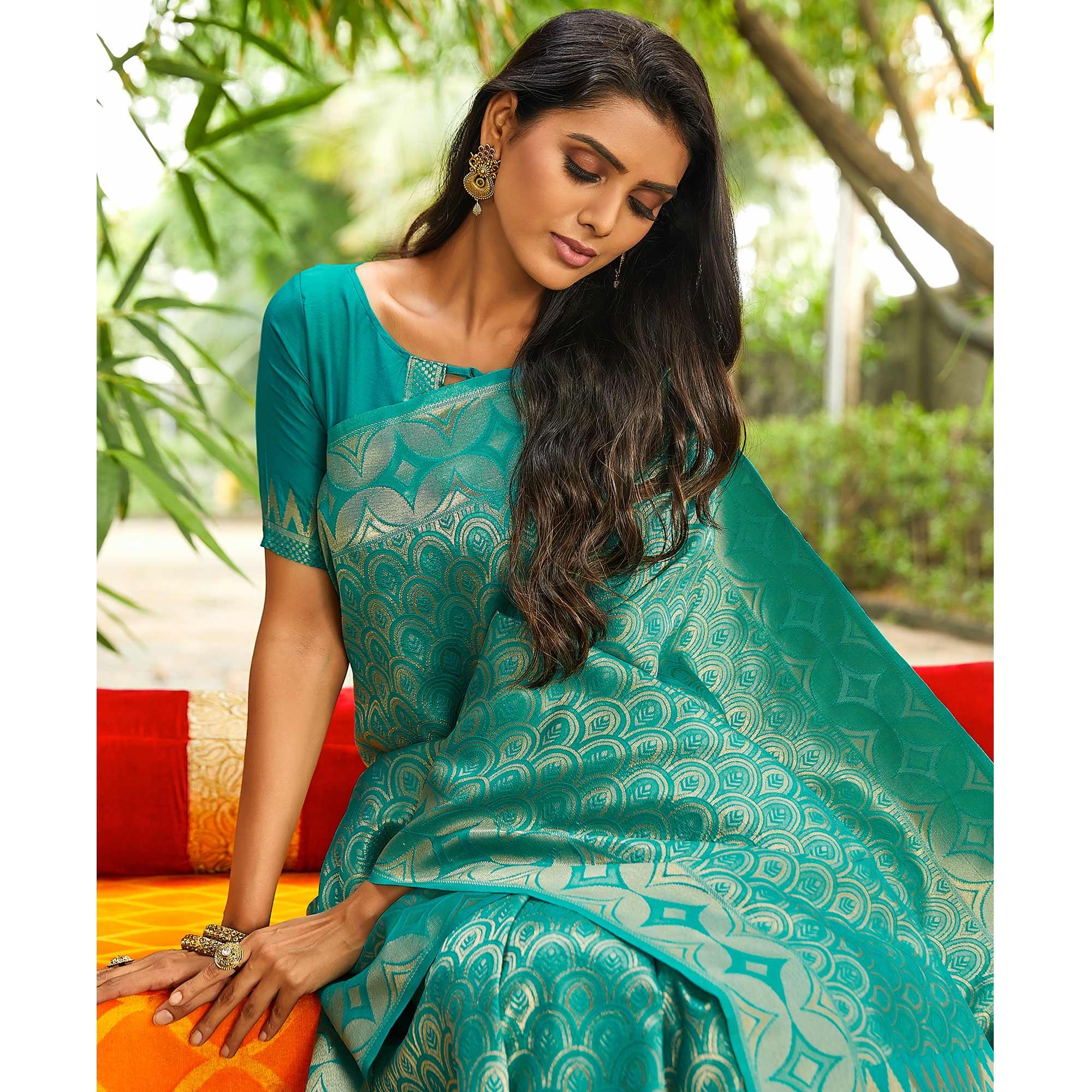 Turquoise Festive Wear Woven Silk Saree - Peachmode