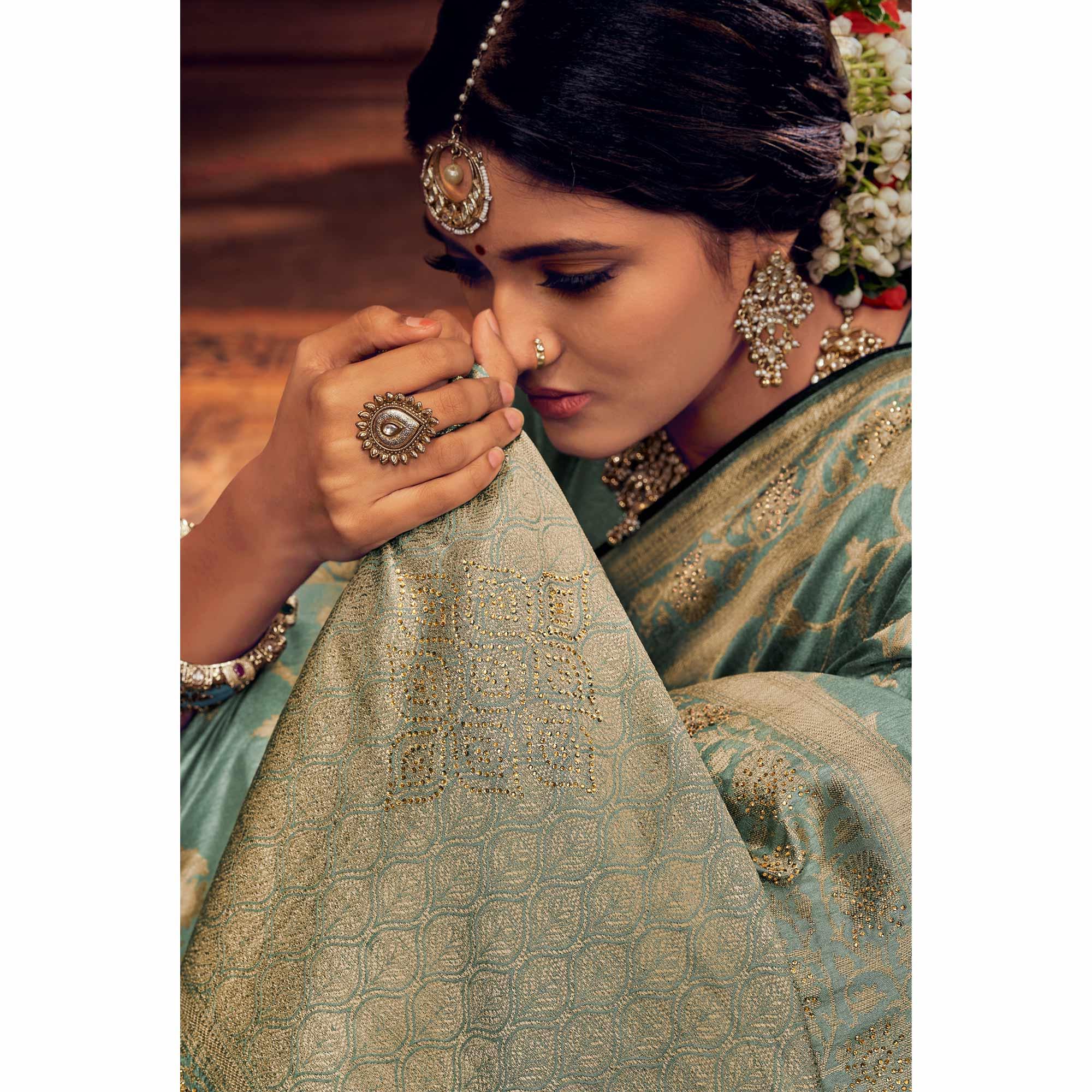 Turquoise Festive Wear Woven Silk Saree - Peachmode