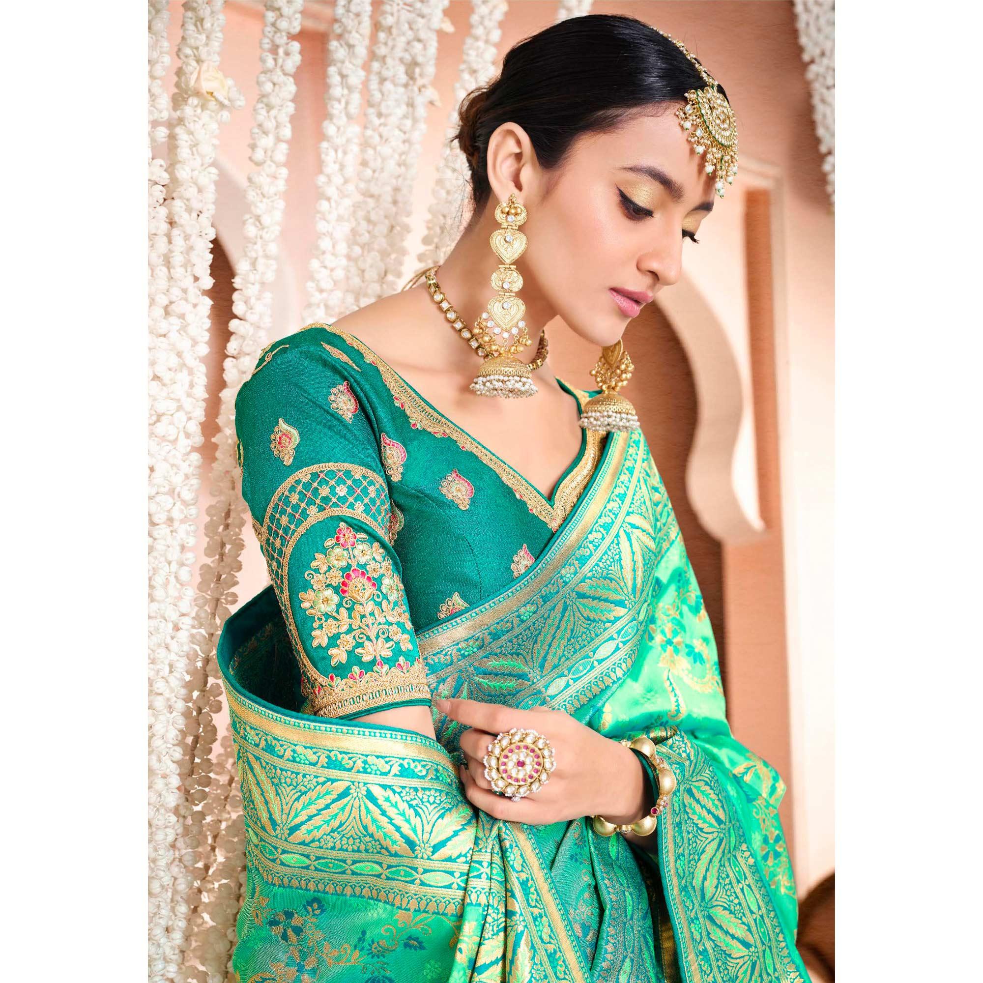 Turquoise Festive Wear Woven Silk Saree - Peachmode