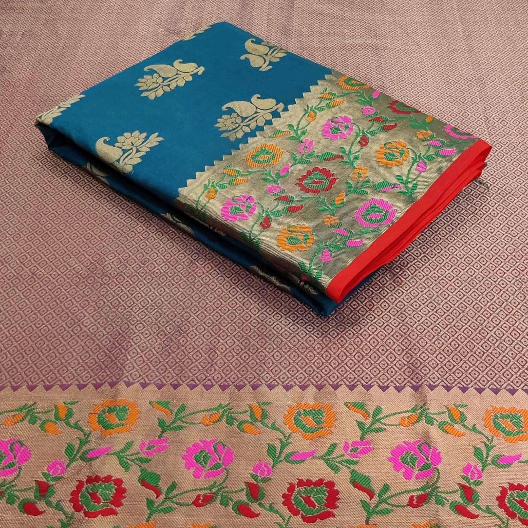 Turquoise Festive Wear Woven Silk Saree With Border - Peachmode