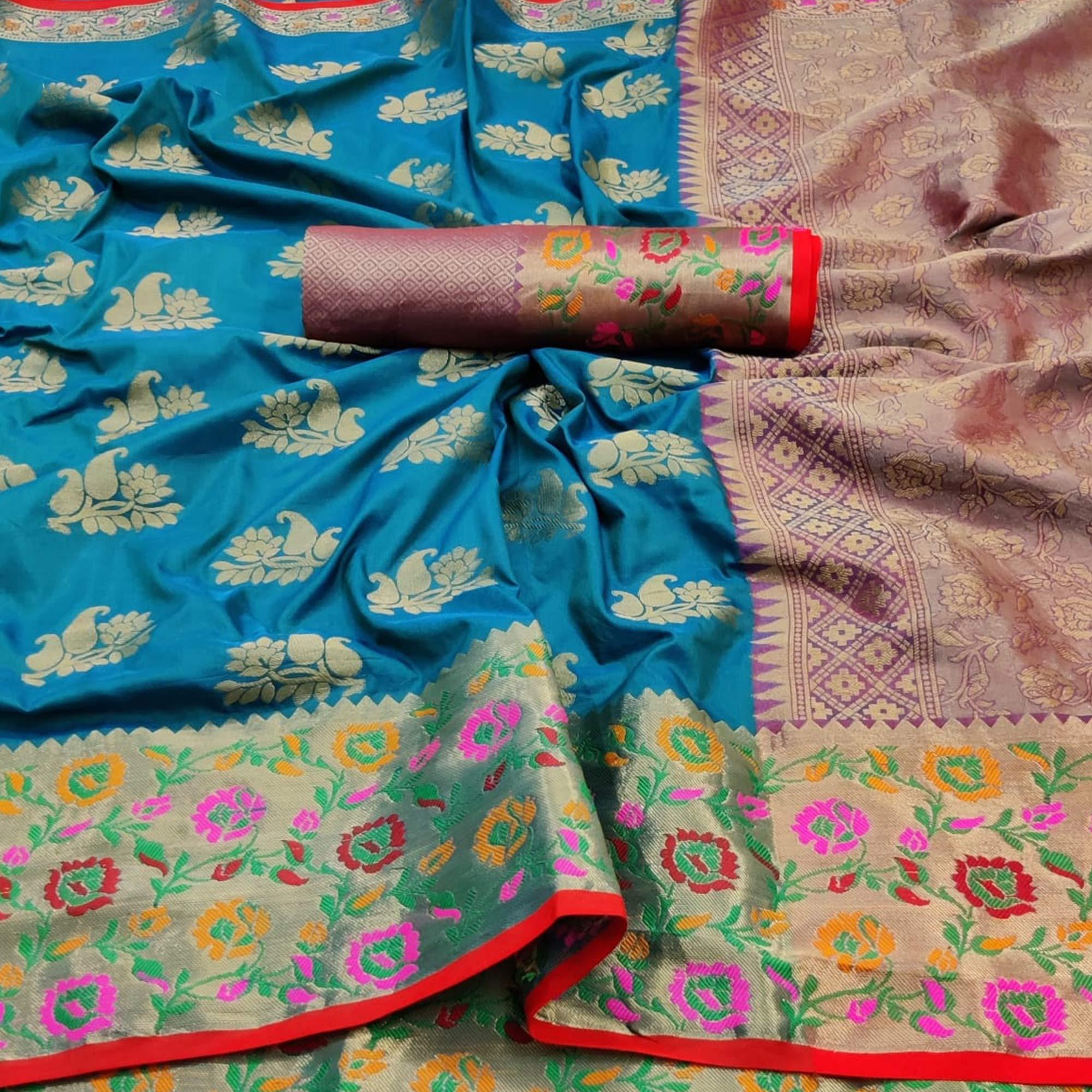 Turquoise Festive Wear Woven Silk Saree With Border - Peachmode