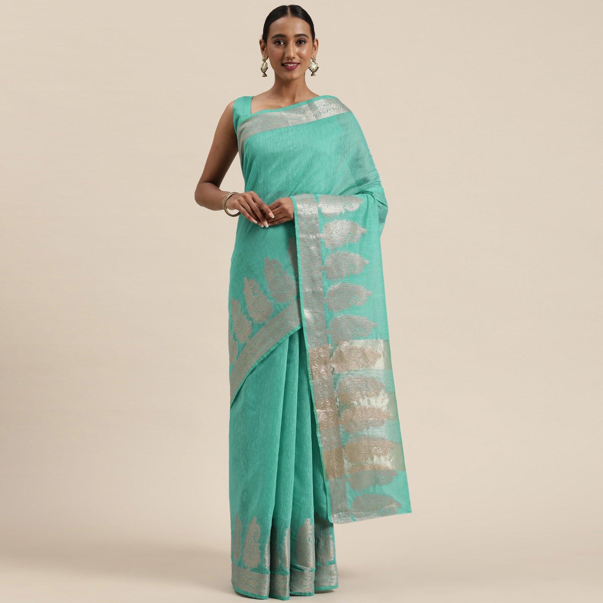 Turquoise Festive Wear Woven Silk Saree With Jacquard Border - Peachmode