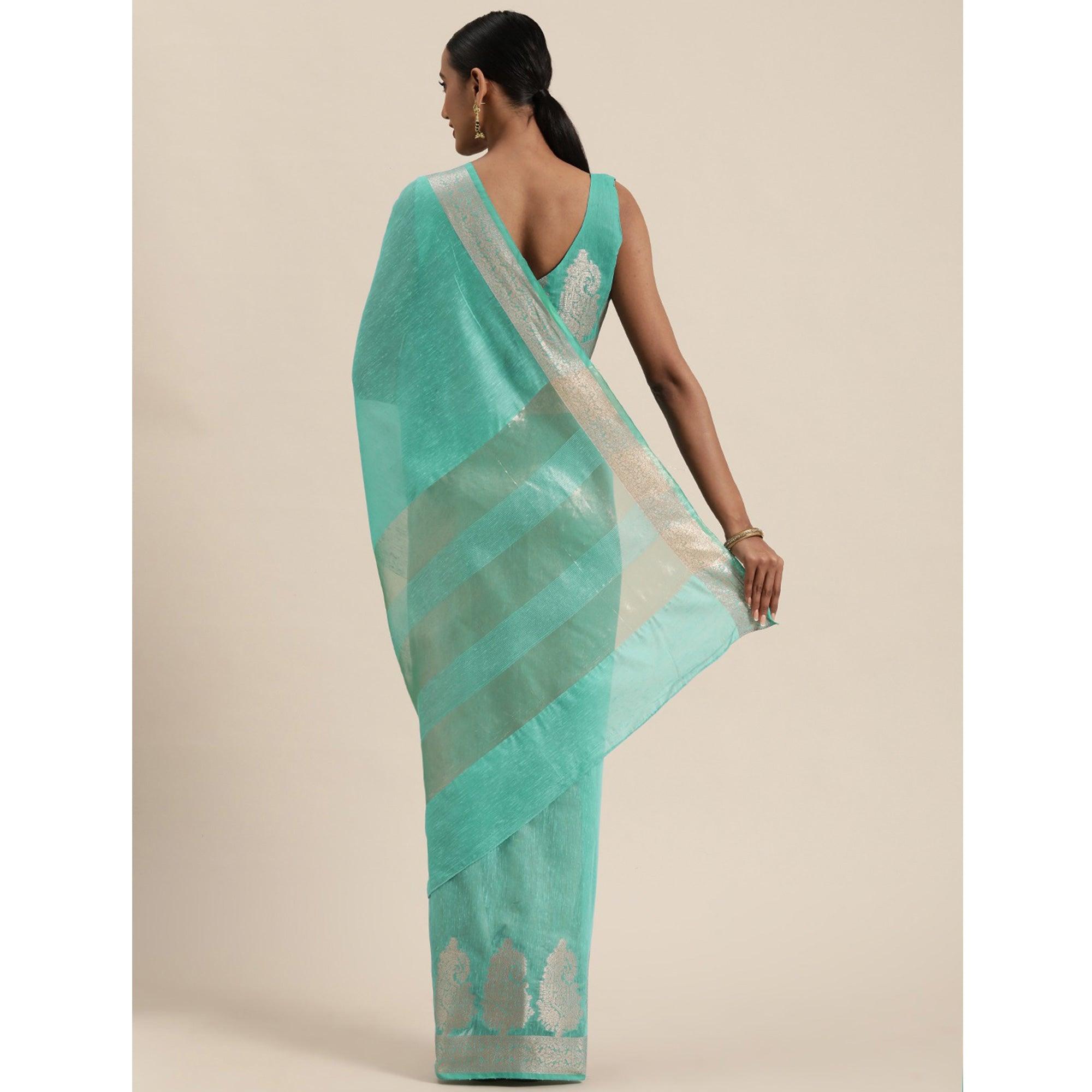 Turquoise Festive Wear Woven Silk Saree With Jacquard Border - Peachmode