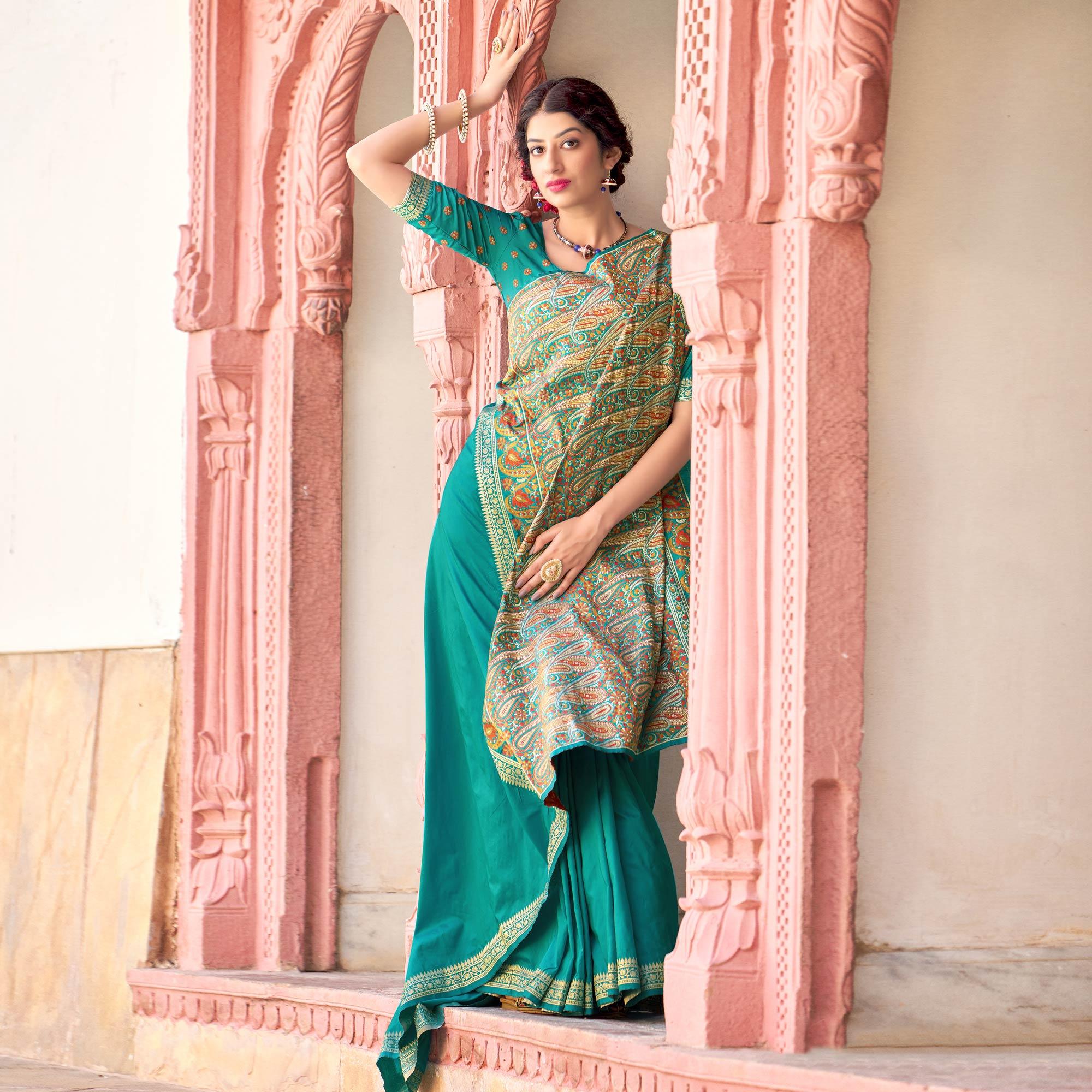 Turquoise Festive Wear Woven Soft Banarasi Silk Saree - Peachmode